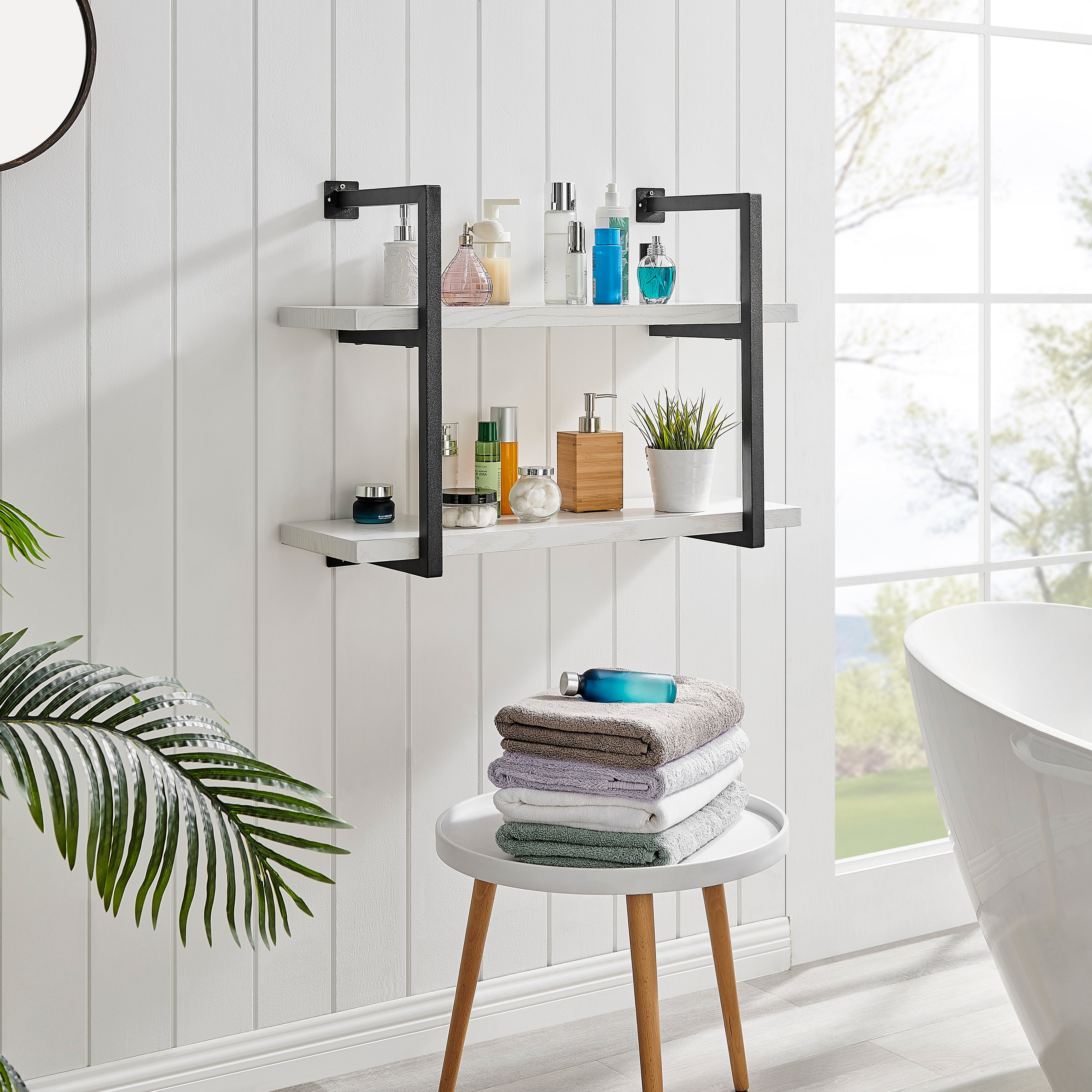 Modern 2-Tier Hanging Bracket Wall Shelves in Black Metal and White Birch Finish