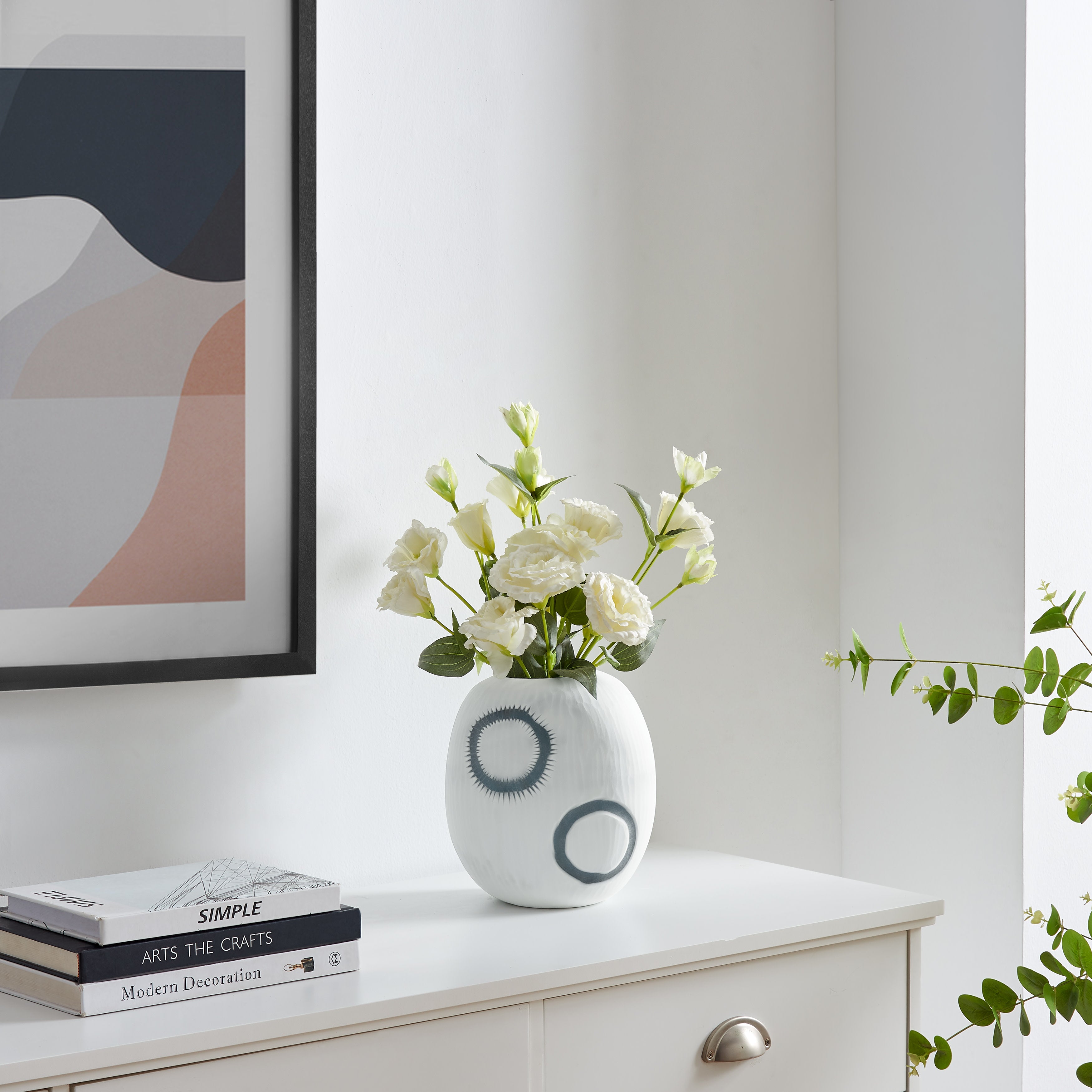 Elara Round Contemporary Matte White and Navy Oval Opening Glass Tabletop Vase