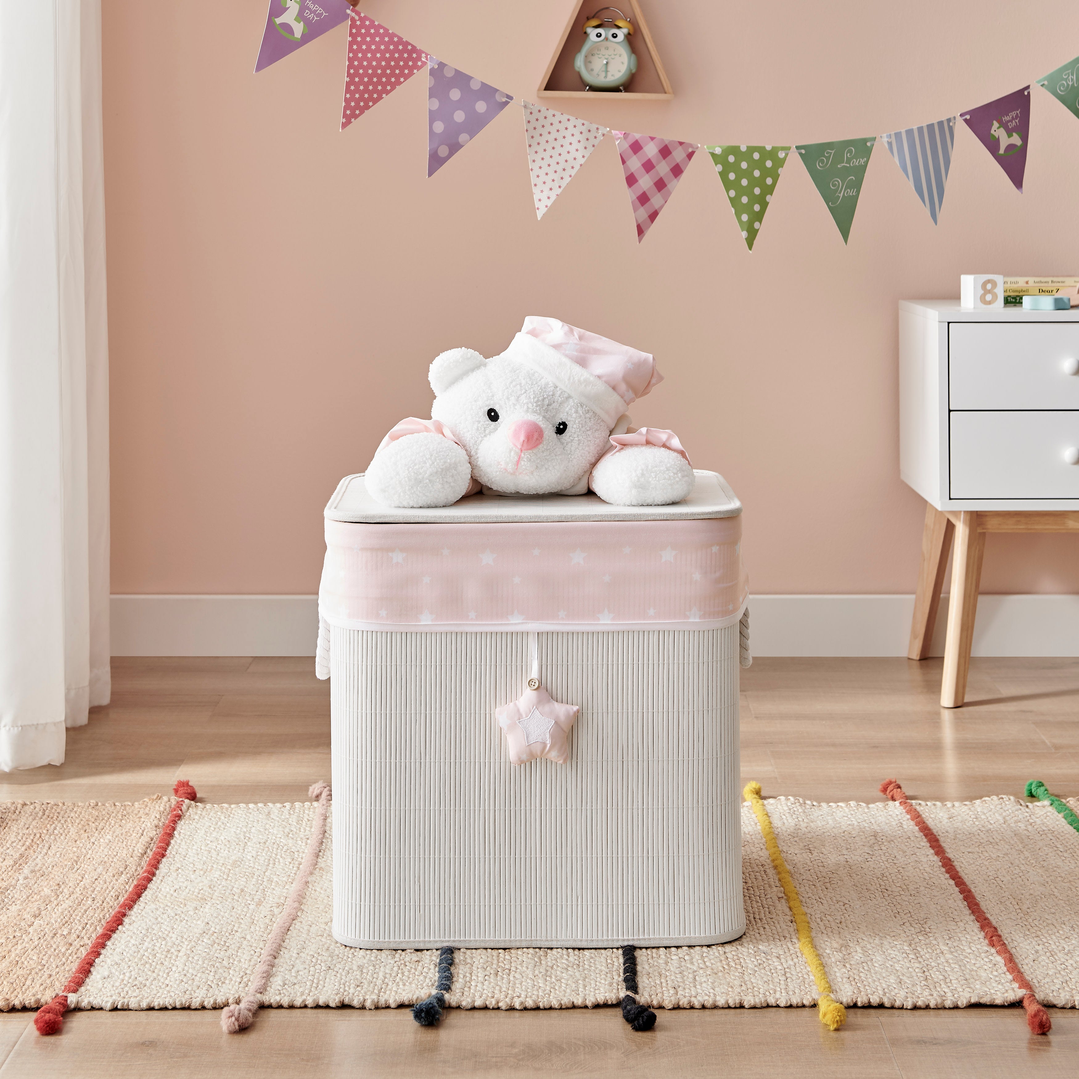 Pink/Cream Collapsible Folding Bamboo Kids Plush Laundry Hamper Toy Storage with Liner and Handles - Sleepy Teddy Bear