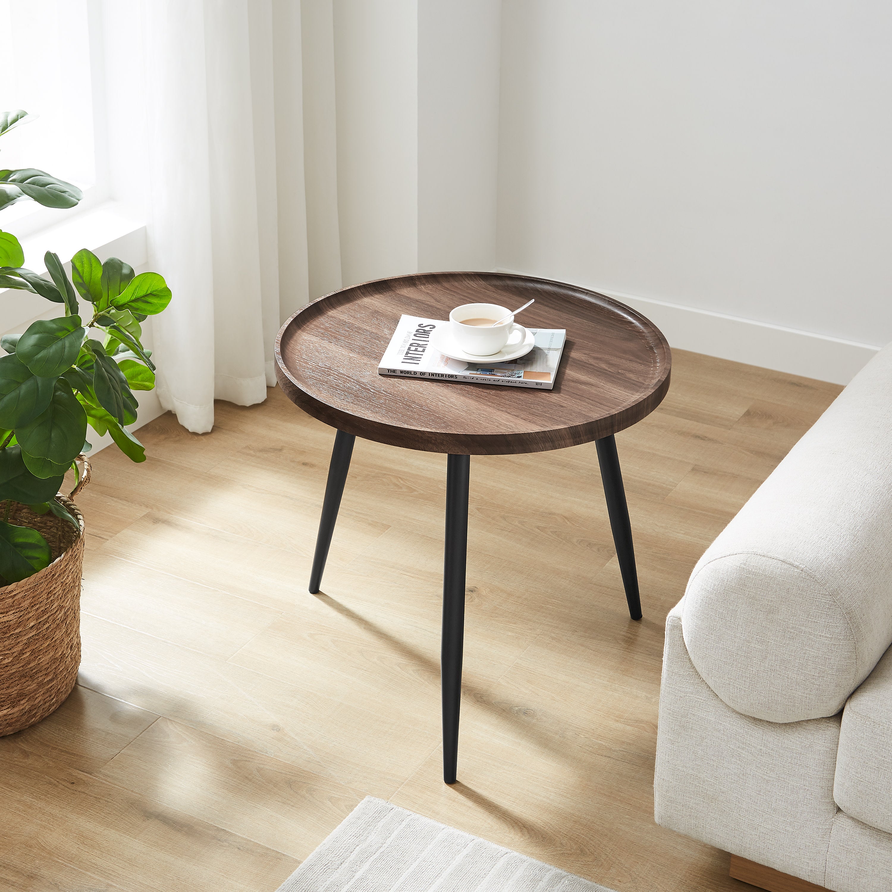 Paxton Raised Lip Edge Side Table with Modern Black Metal Taper Legs - Round