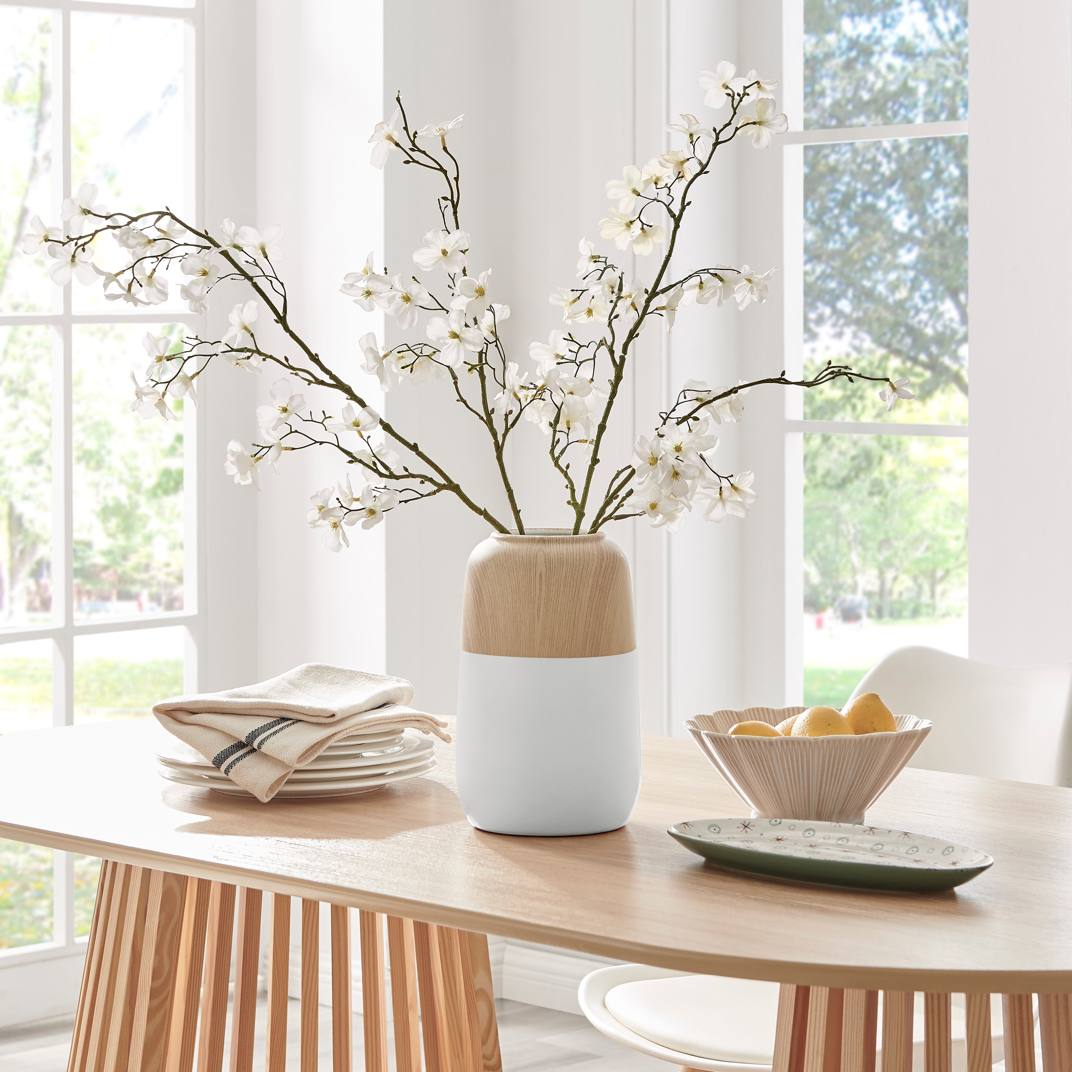 Nora Burk Contemporary Two Tone Cylindrical Tabletop Vase - White and Beech