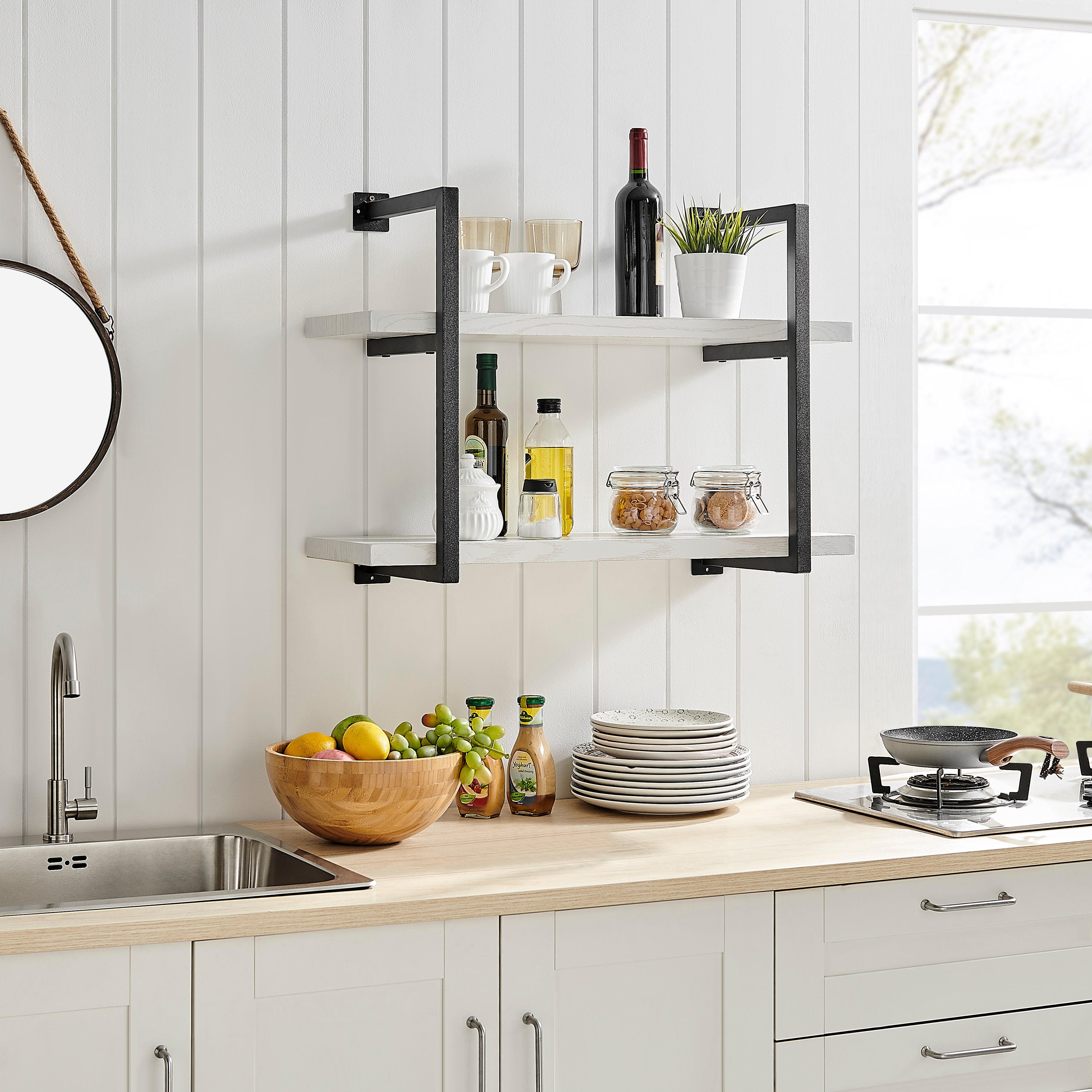 Modern 2-Tier Hanging Bracket Wall Shelves in Black Metal and White Birch Finish
