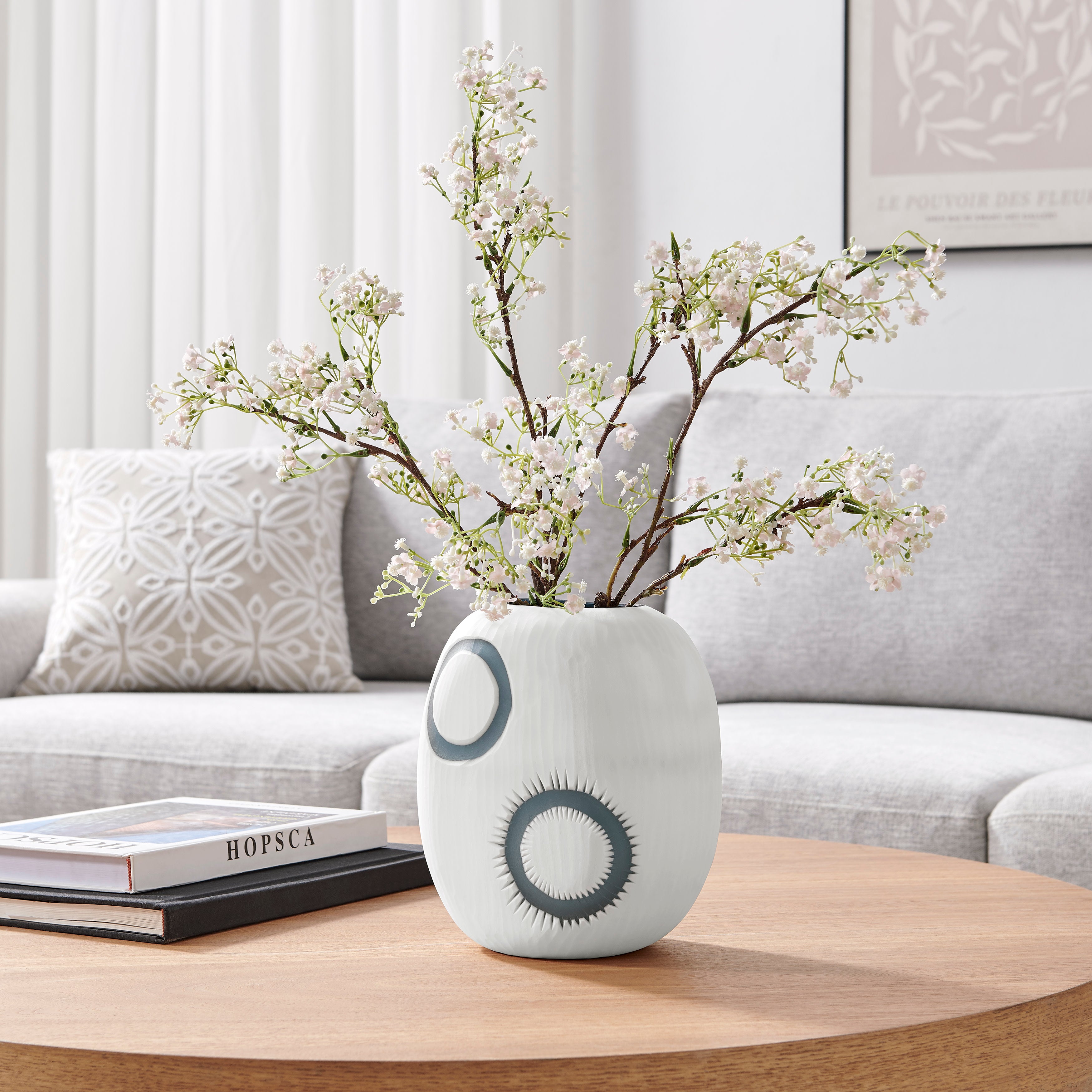 Elara Round Contemporary Matte White and Navy Oval Opening Glass Tabletop Vase
