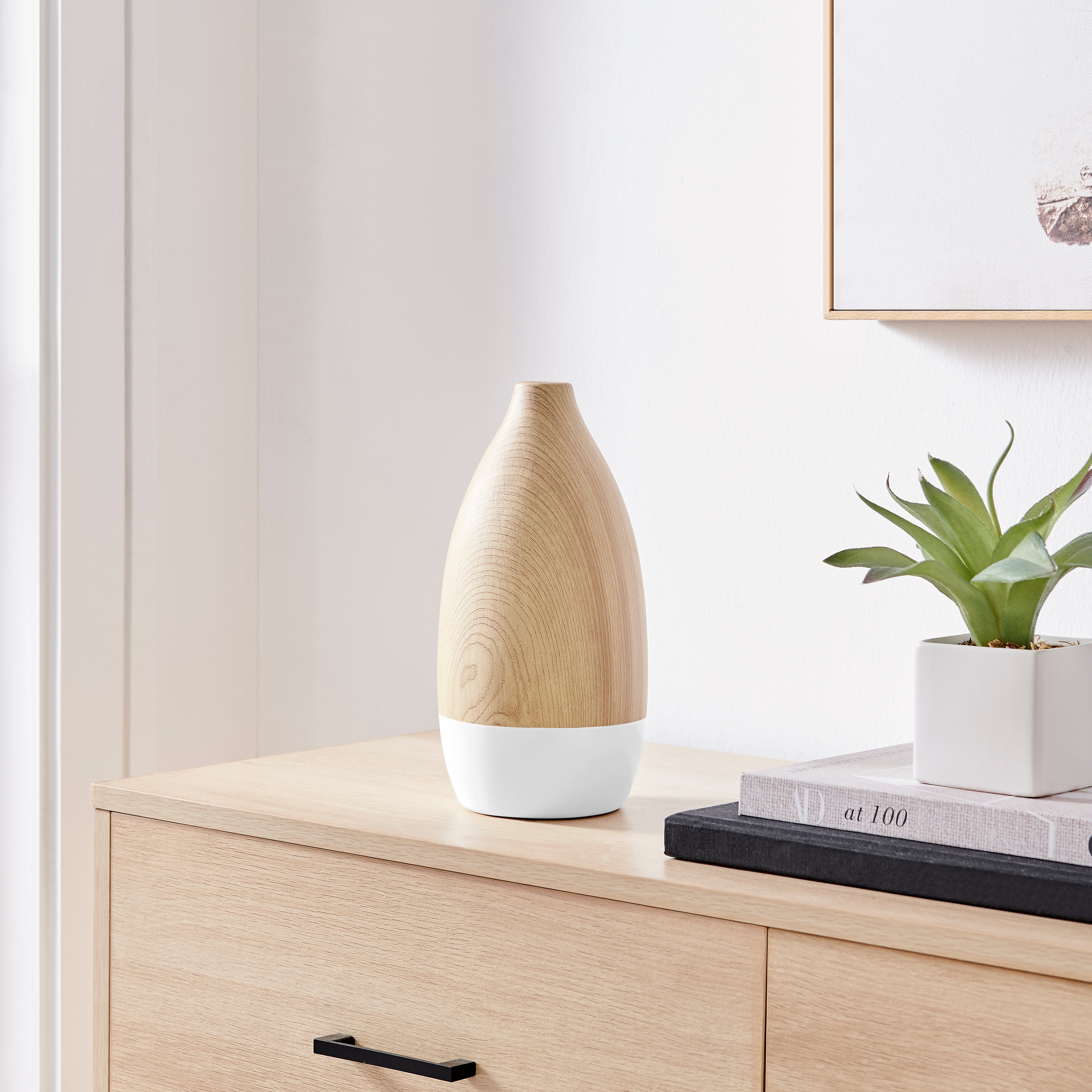 Nora Flask Teardrop Contemporary Two Tone Tabletop Vase - White and Beech