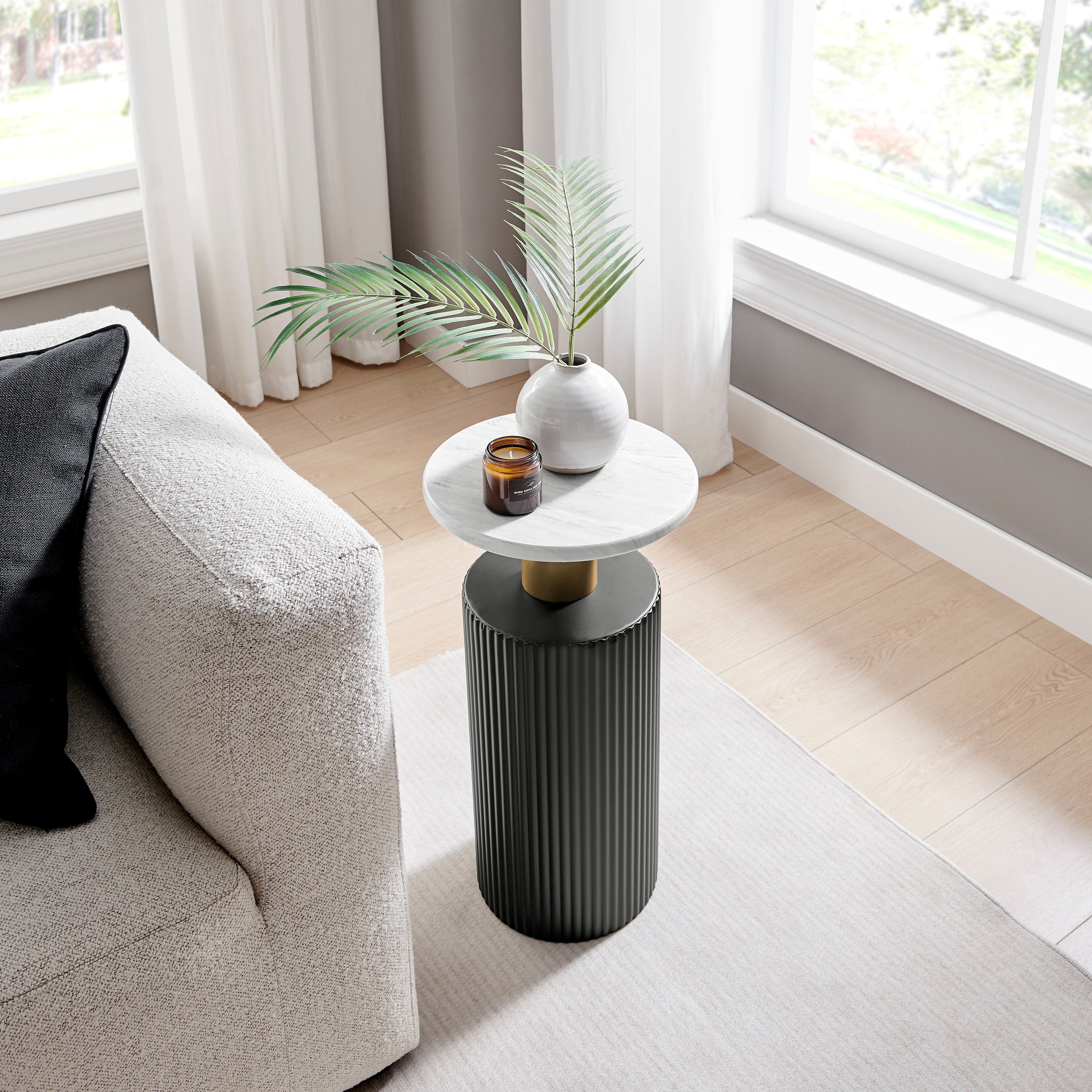 Fritz Midcentury Modern Column Side Accent Table with Textured Black Base Gold Metal Column Accents and Faux Marble Laminate Tabletop