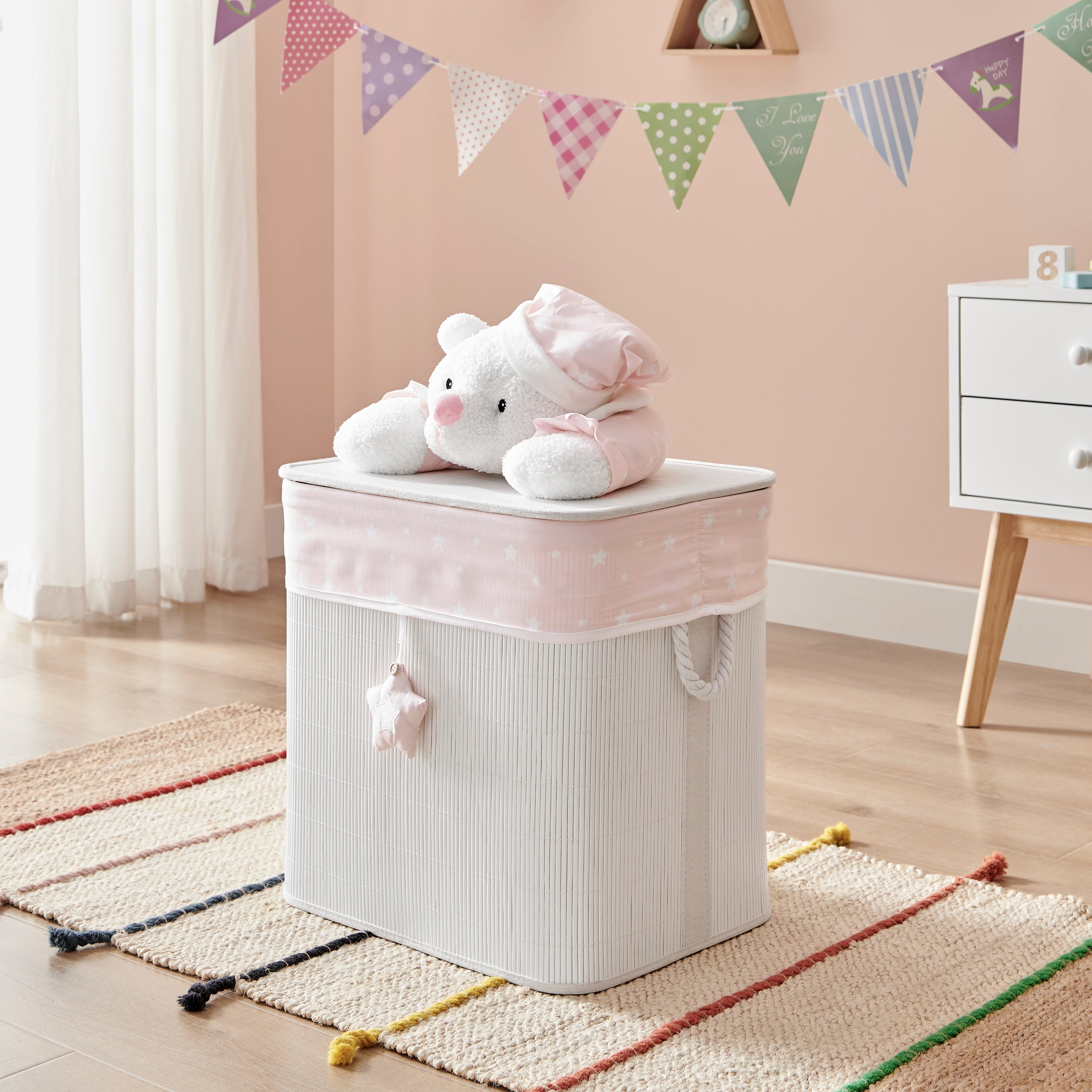 Pink/Cream Collapsible Folding Bamboo Kids Plush Laundry Hamper Toy Storage with Liner and Handles - Sleepy Teddy Bear