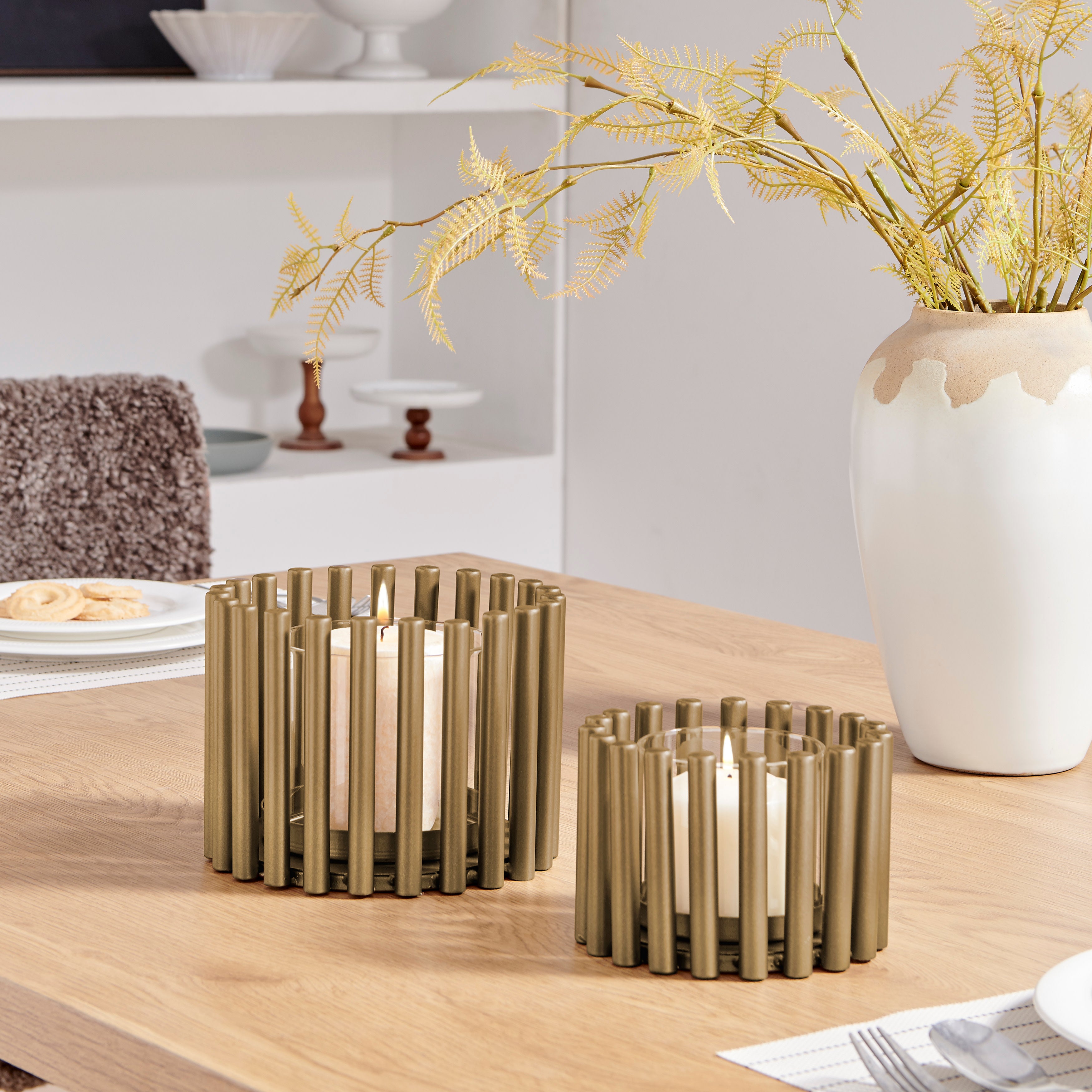 Pela Pillar Ring Warm Gold Midcentury Modern Votive Hurricane Candle Holders - Set of 2