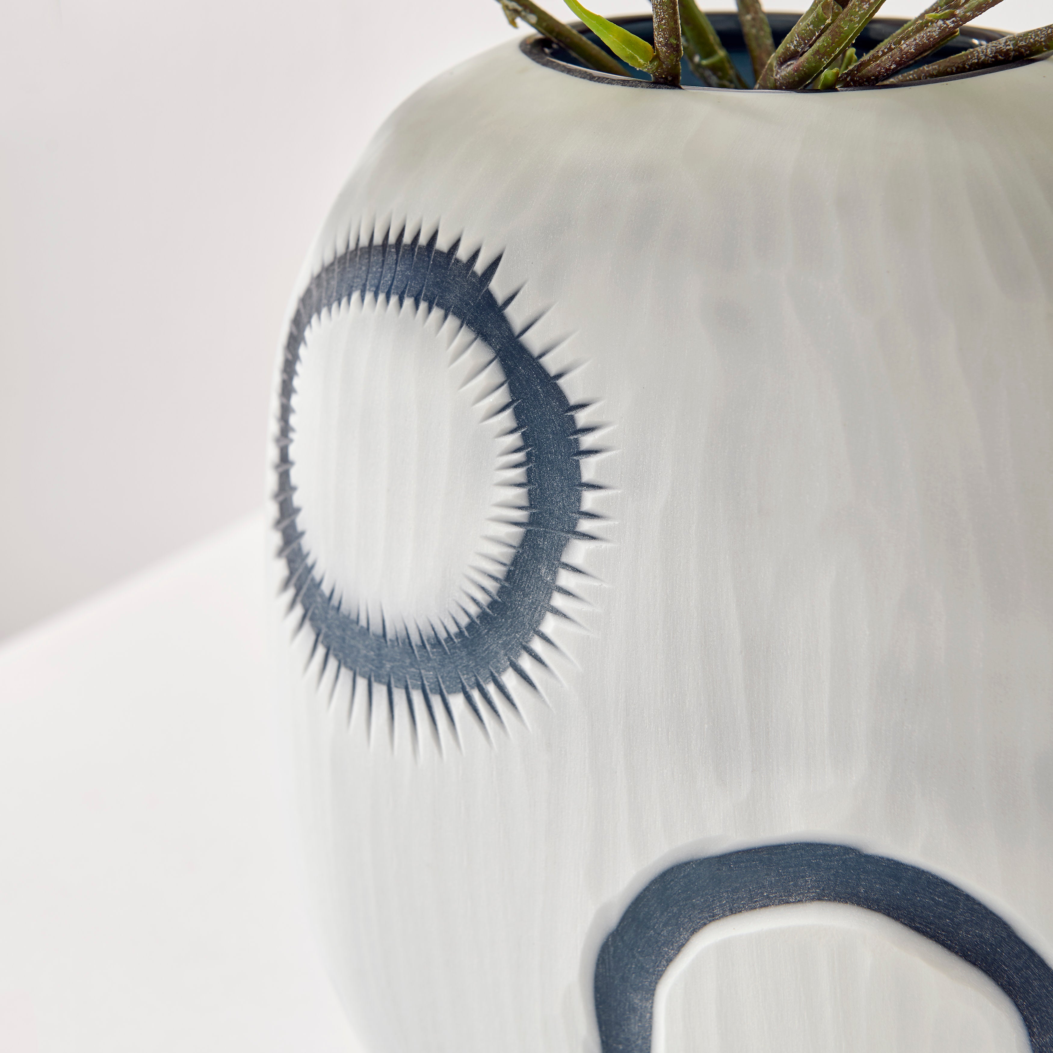 Elara Round Contemporary Matte White and Navy Oval Opening Glass Tabletop Vase
