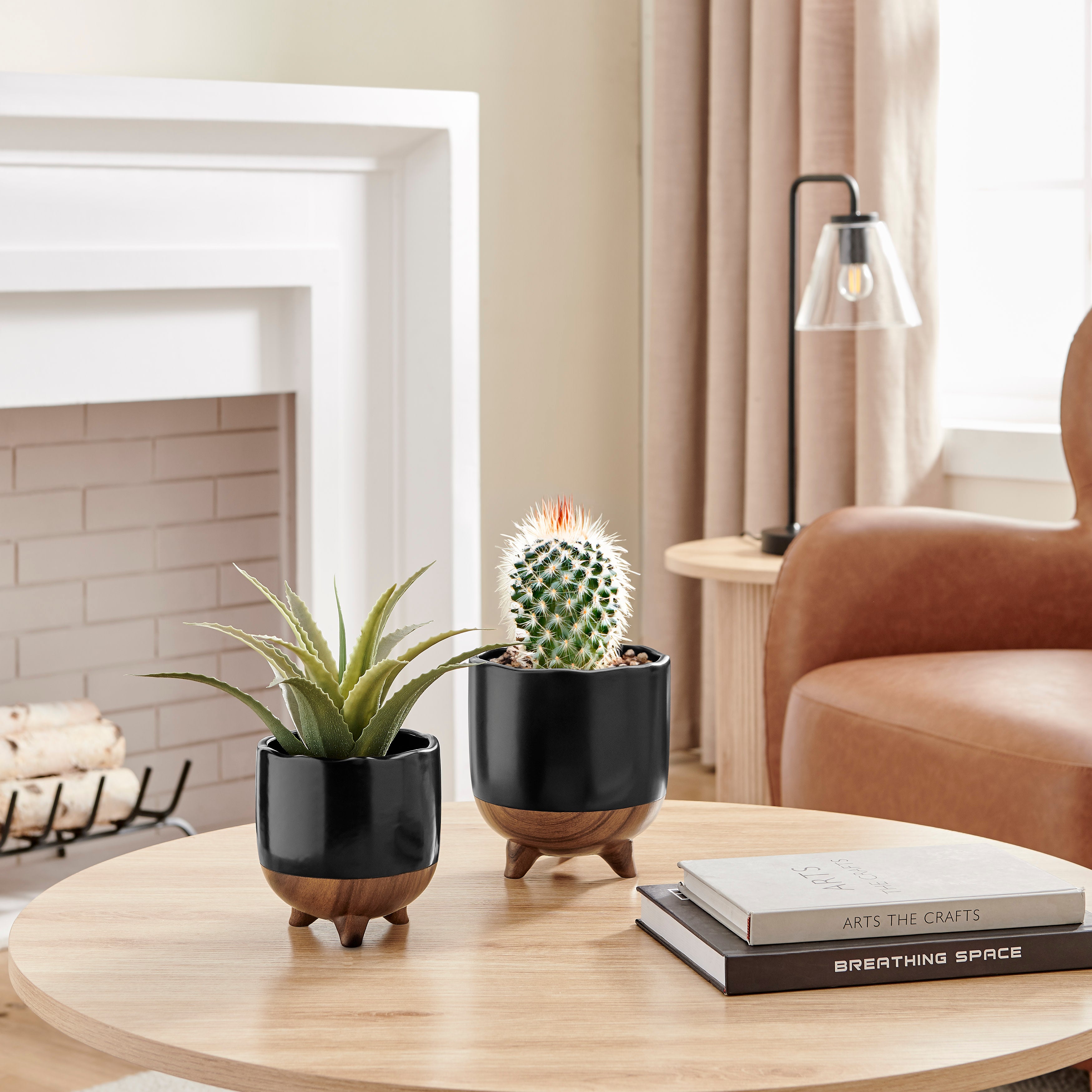 Milo Modern Mortar Two Tone Flower Pot Planter Cachepot Set of 2 Sizes - Black and Walnut
