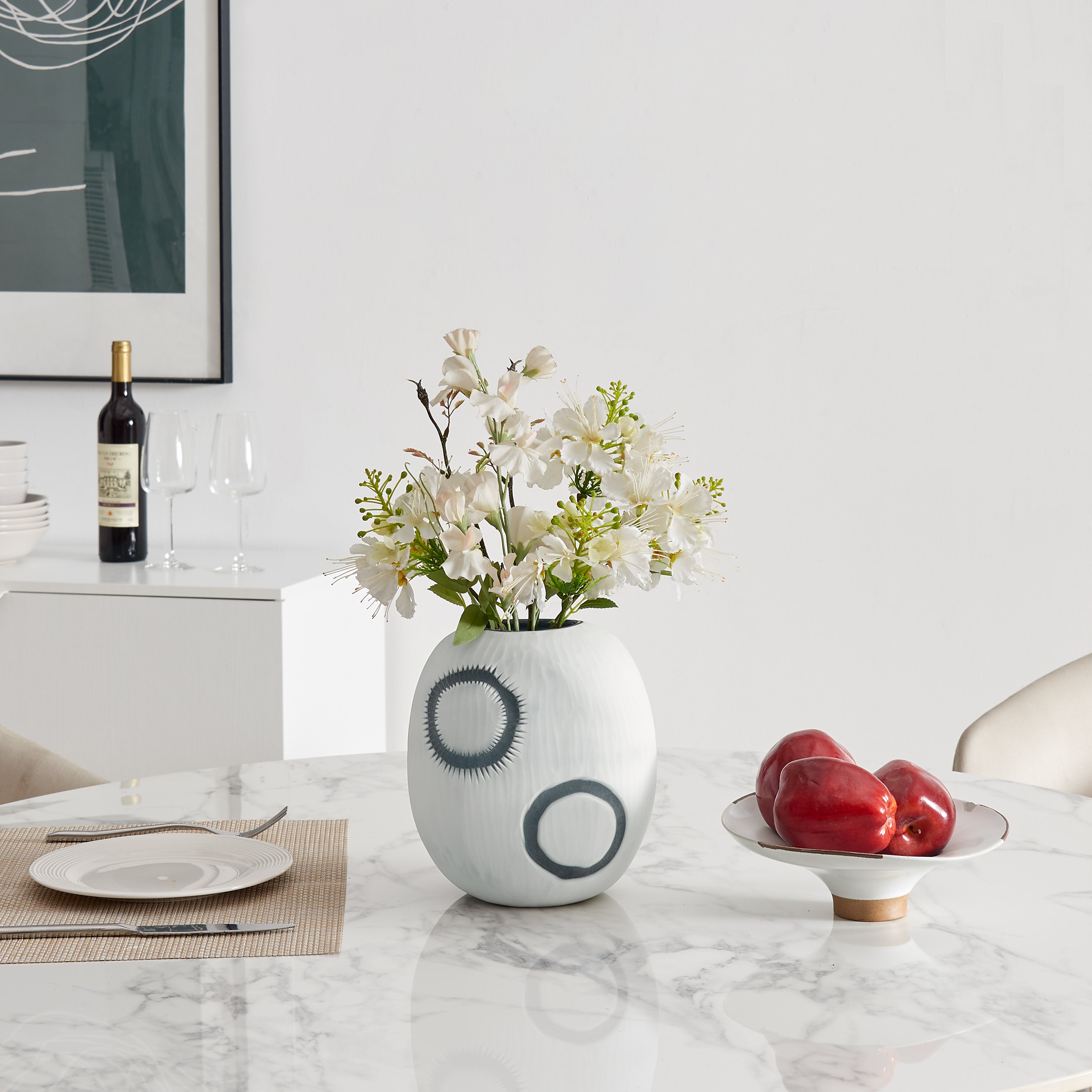Elara Round Contemporary Matte White and Navy Oval Opening Glass Tabletop Vase