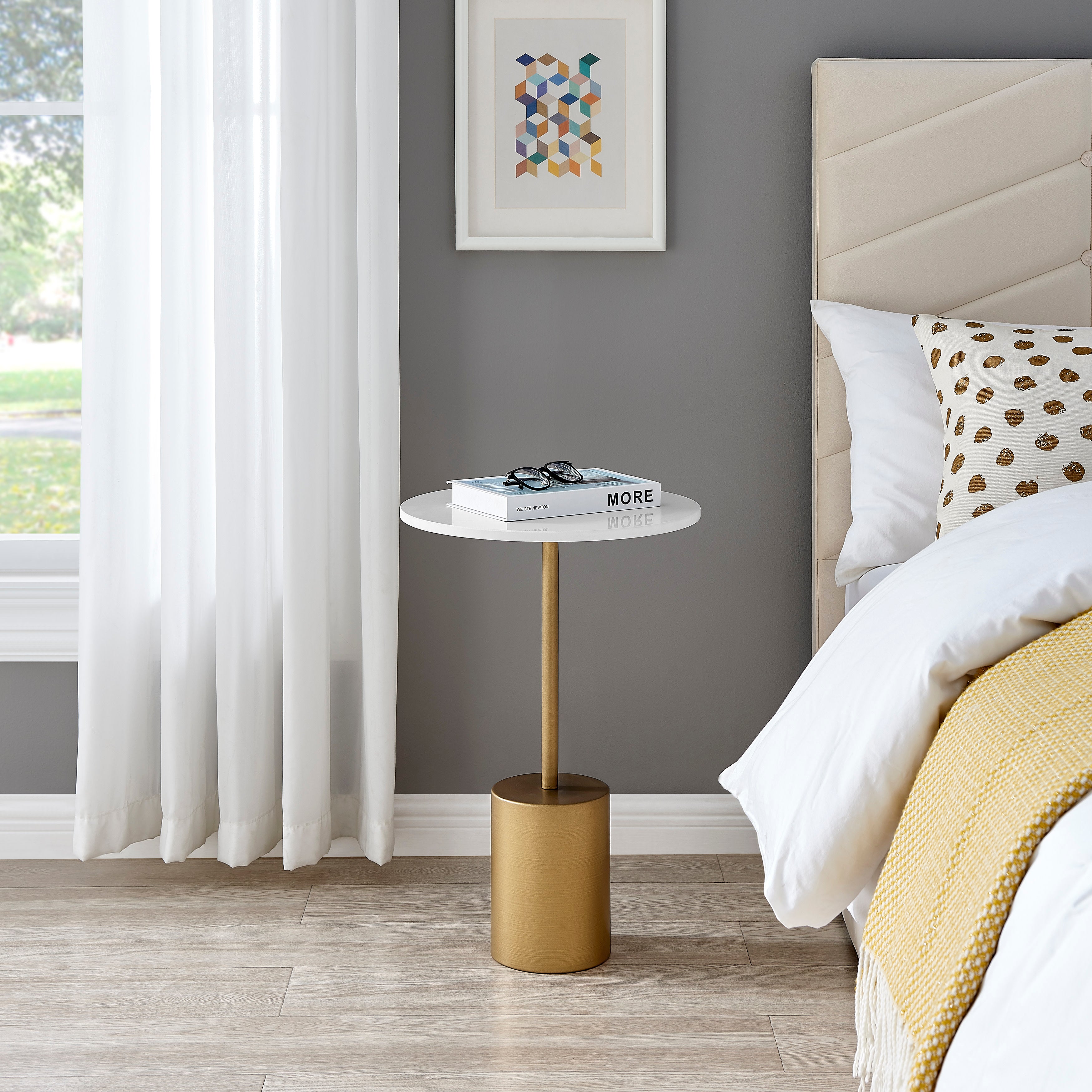 Fritz Midcentury Modern Pedestal Side Accent Table with Gold Metal Base and Genuine White Marble Stone Tabletop