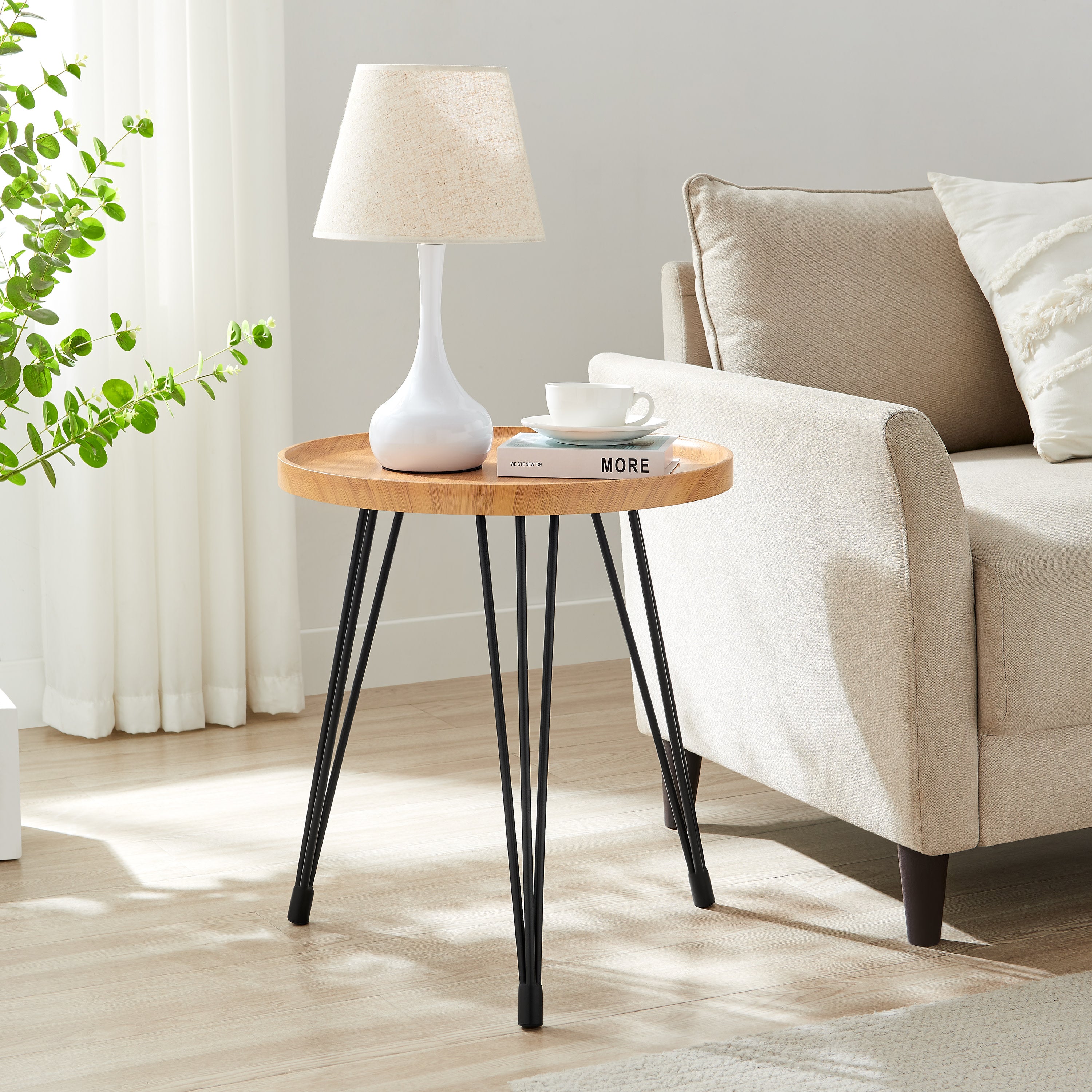 Tadao Raised Lip Edge Side Table with Modern Black Metal Hairpin Legs - Round