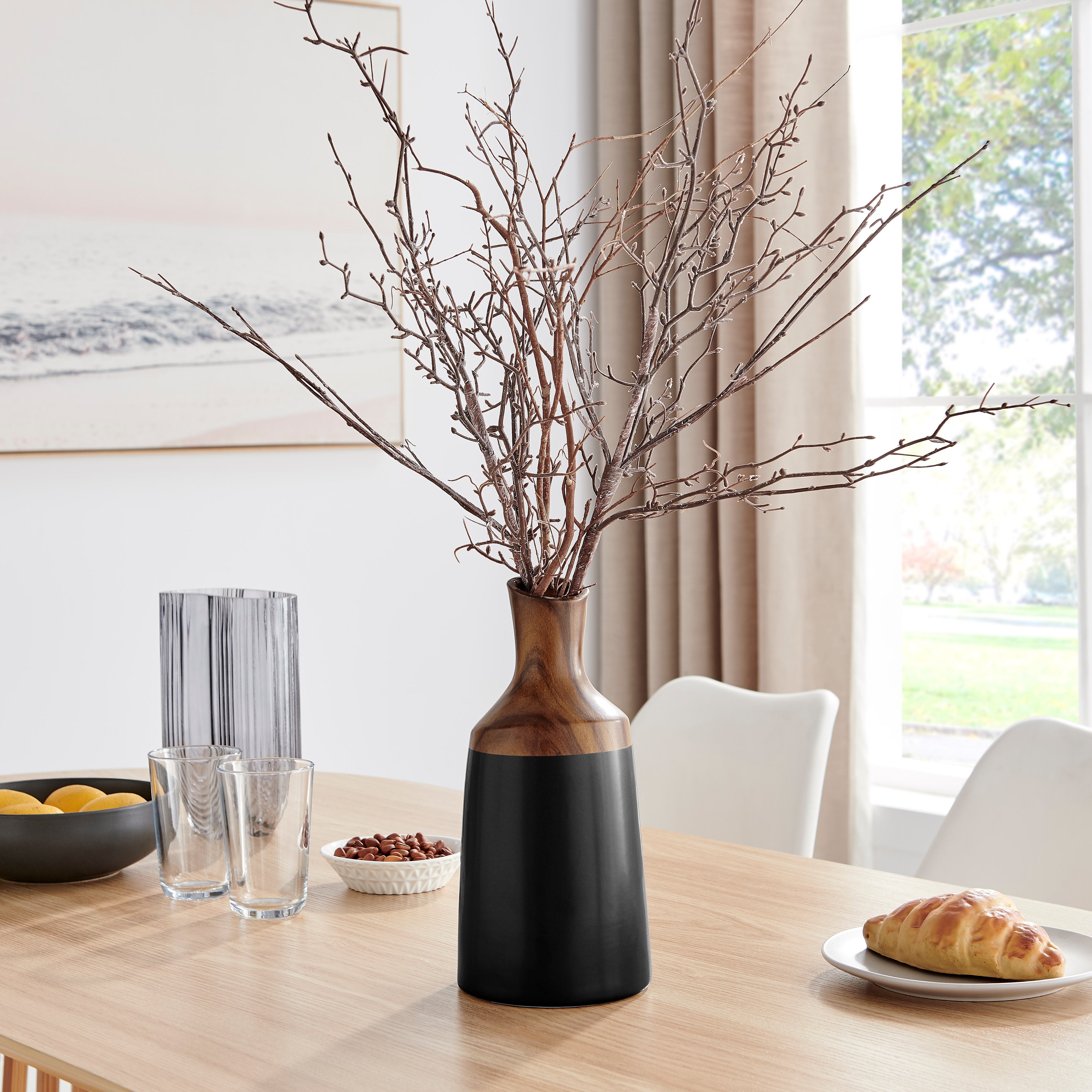 Milo Kande Carafe Modern Two Tone Tabletop Vase - Black and Walnut