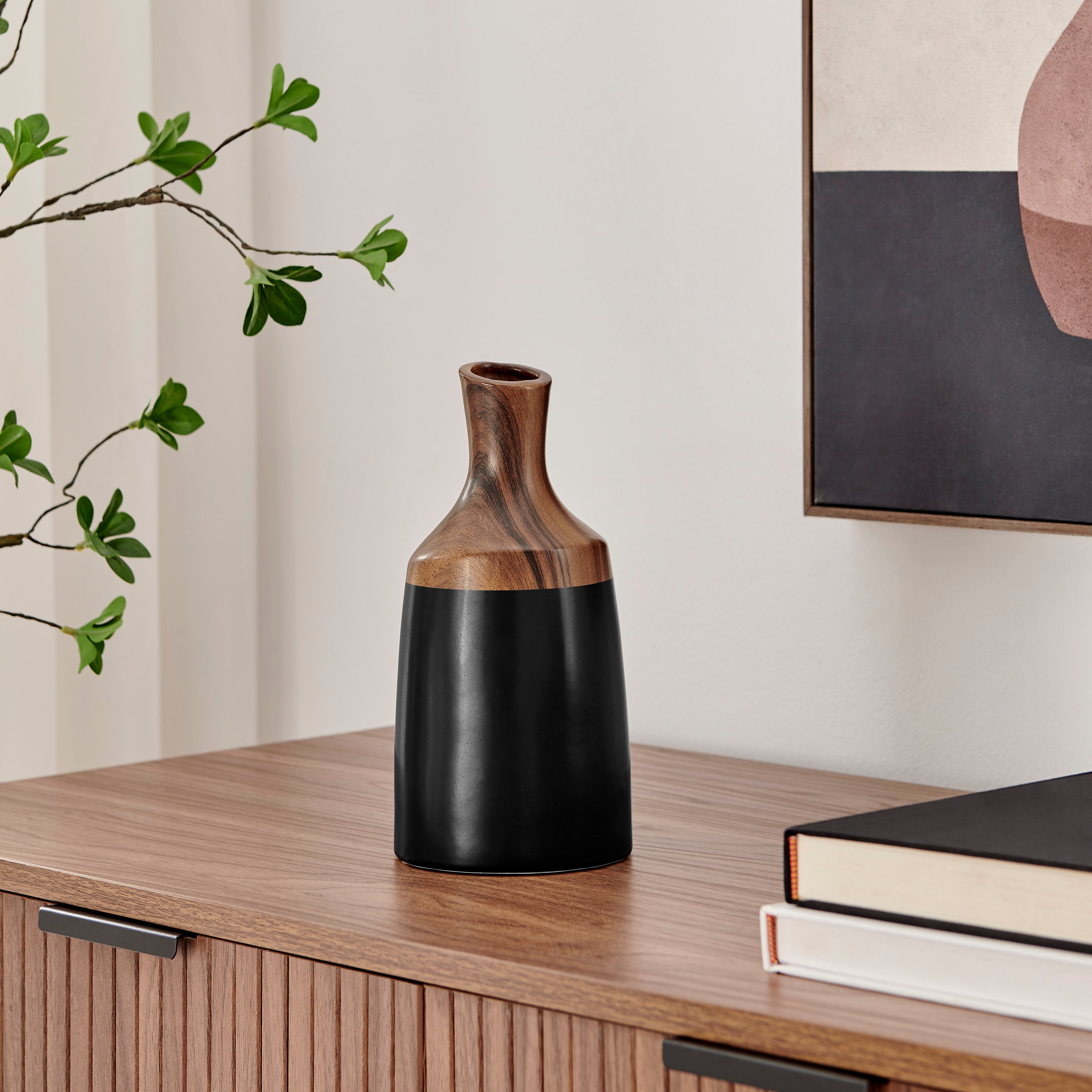 Milo Kande Carafe Modern Two Tone Tabletop Vase - Black and Walnut