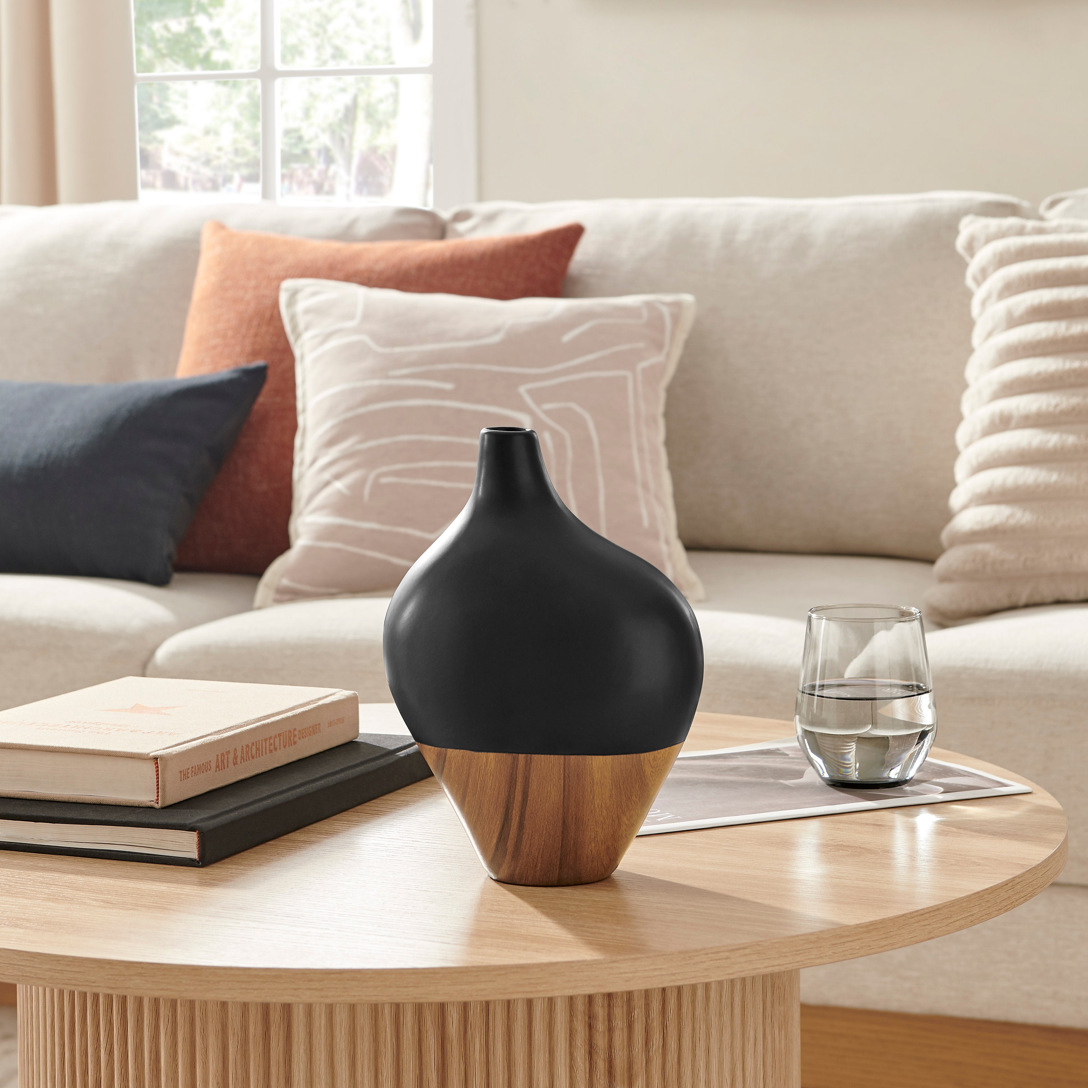 Milo Canteen Asymmetrical Modern Two Tone Tabletop Vase - Black and Walnut