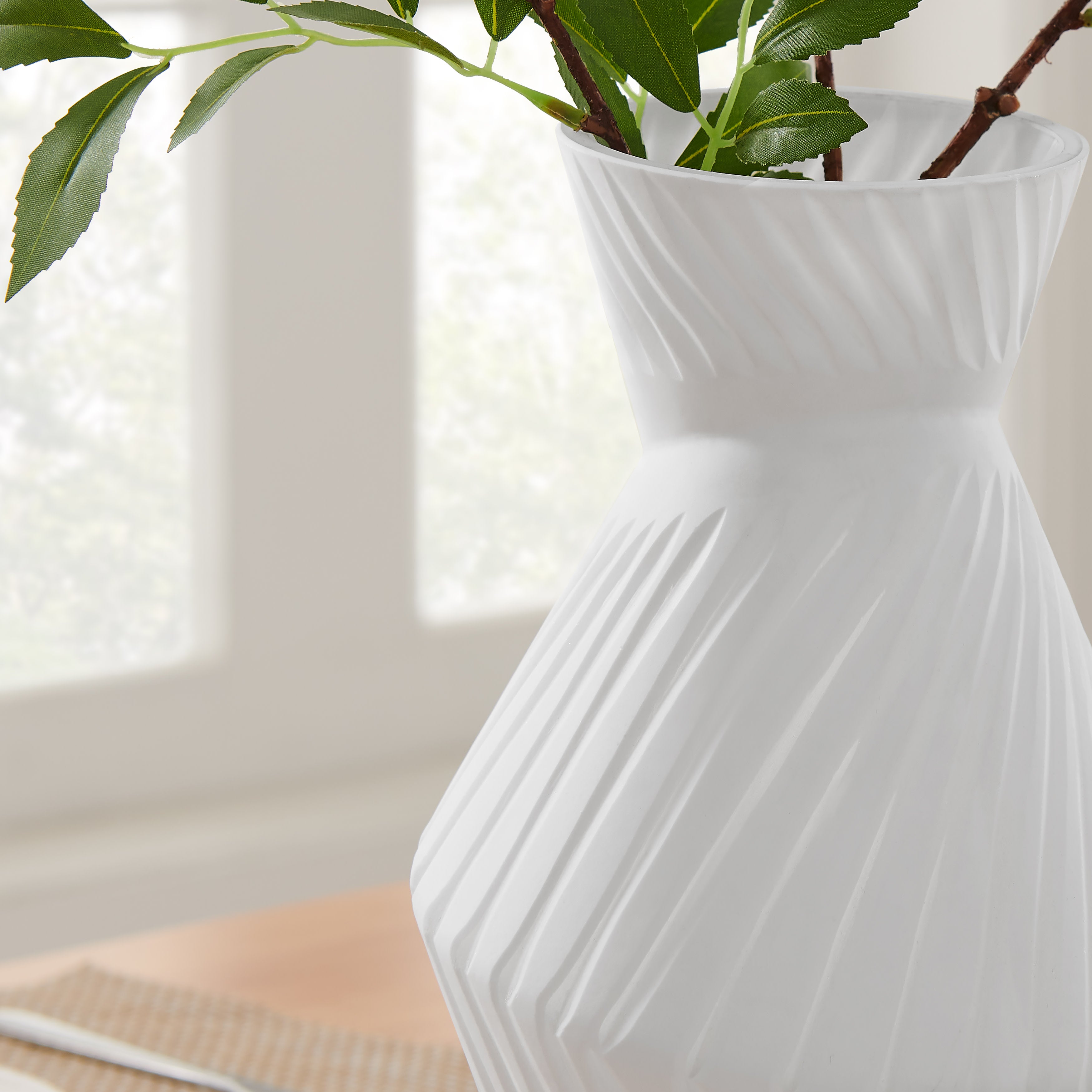 Eos Minimal White Contemporary Ribbed Angular Glass Tabletop Vase