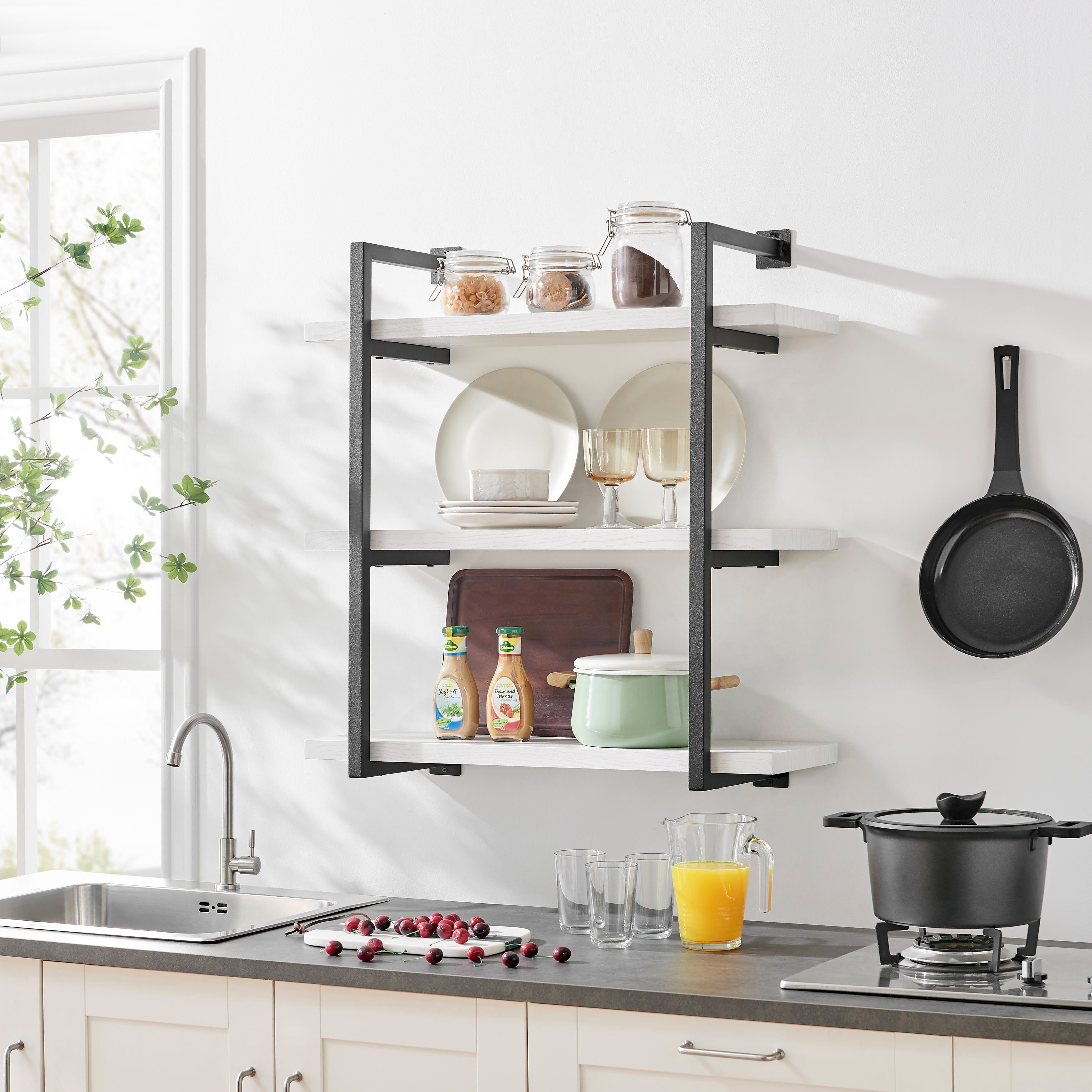 Modern 3-Tier Hanging Bracket Wall Shelves in Black Metal and White Birch Finish
