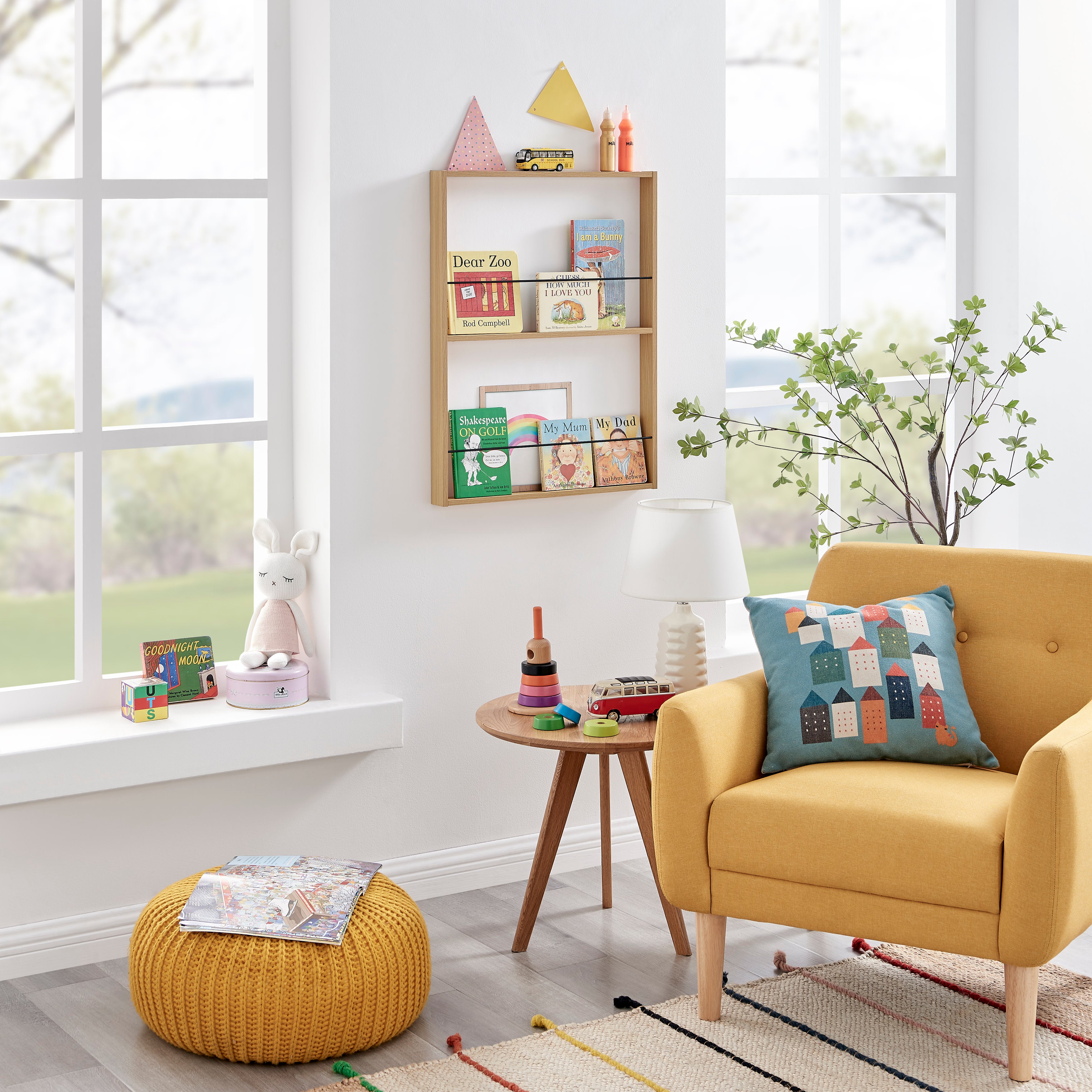 Steiner Beech Square Modern 2-Tier Kids Book or Toy Figure Display Unit Wall Mounted Bookshelf with Contrasting Black Rods