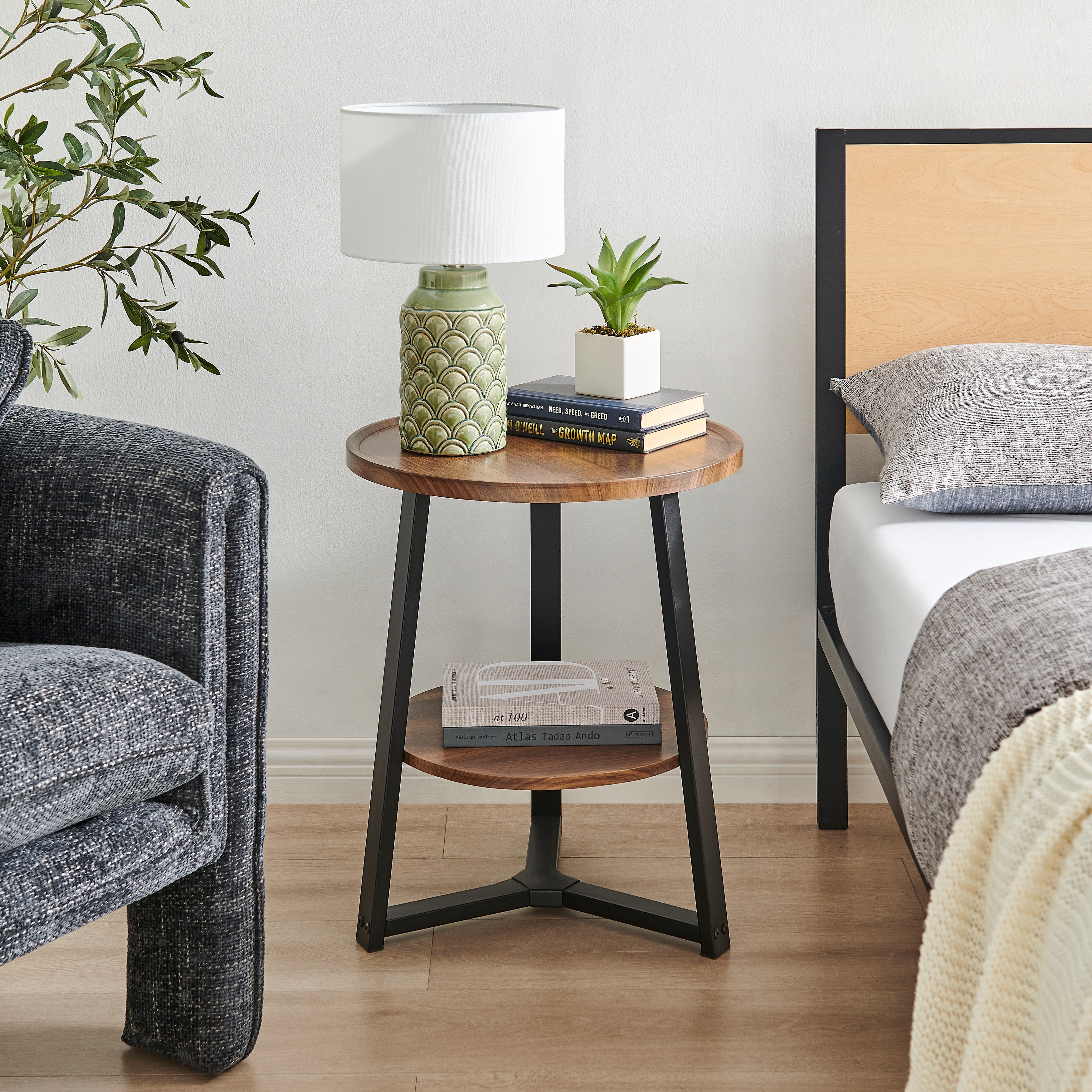 Mason Round 2-Tier Side Accent Table with Raised Lip Edge Tabletop and Mid-century Modern Crossed Metal Bold Pedestal Legs