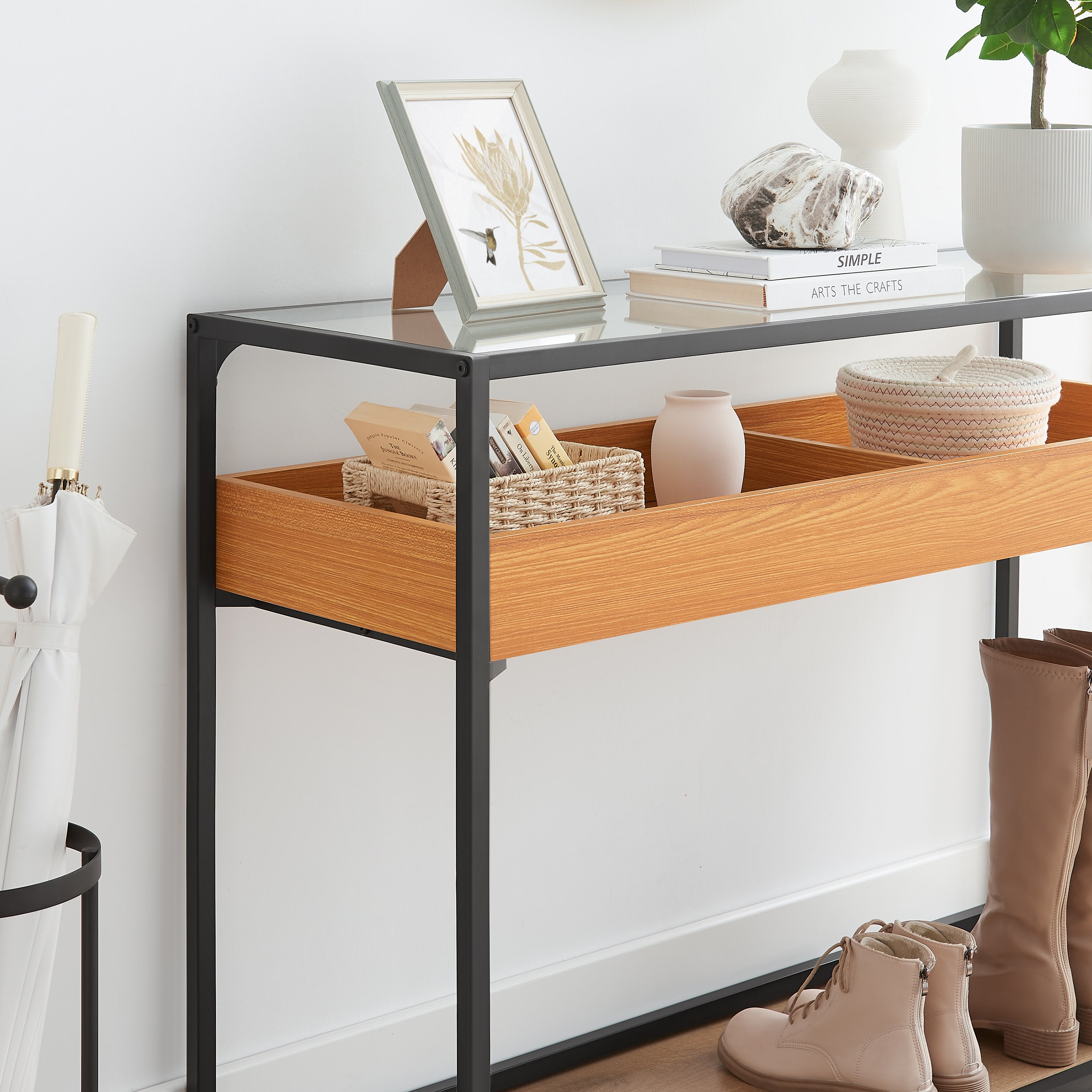 Saarinen Two-Level Modern Sunken Glass Display Shelf Rectangle Console Table