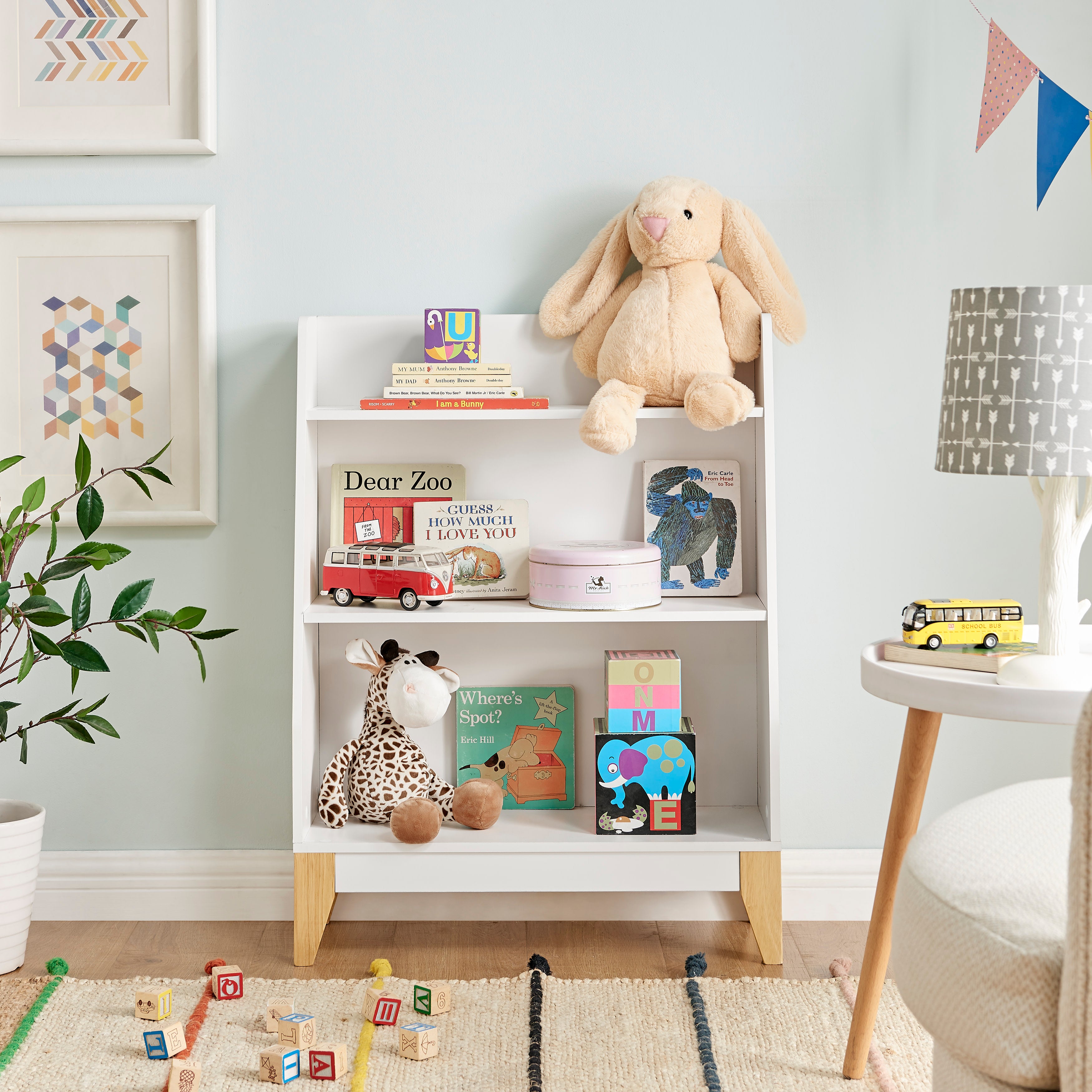 Steiner White 3-Tier Kids Book or Toy Figure Display Unit Freestanding Bookshelf with Contrasting Wood-Toned Legs