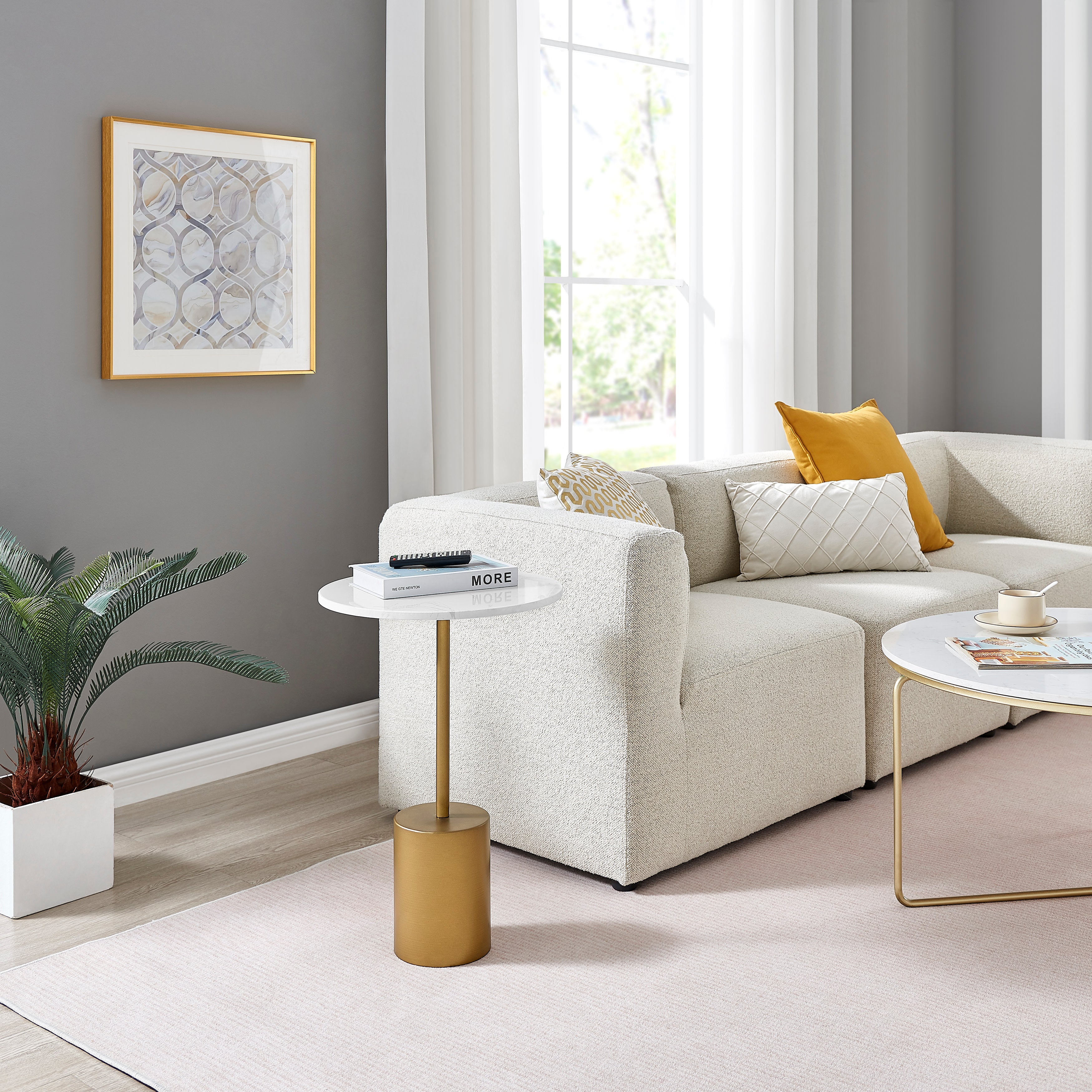 Fritz Midcentury Modern Pedestal Side Accent Table with Gold Metal Base and Genuine White Marble Stone Tabletop