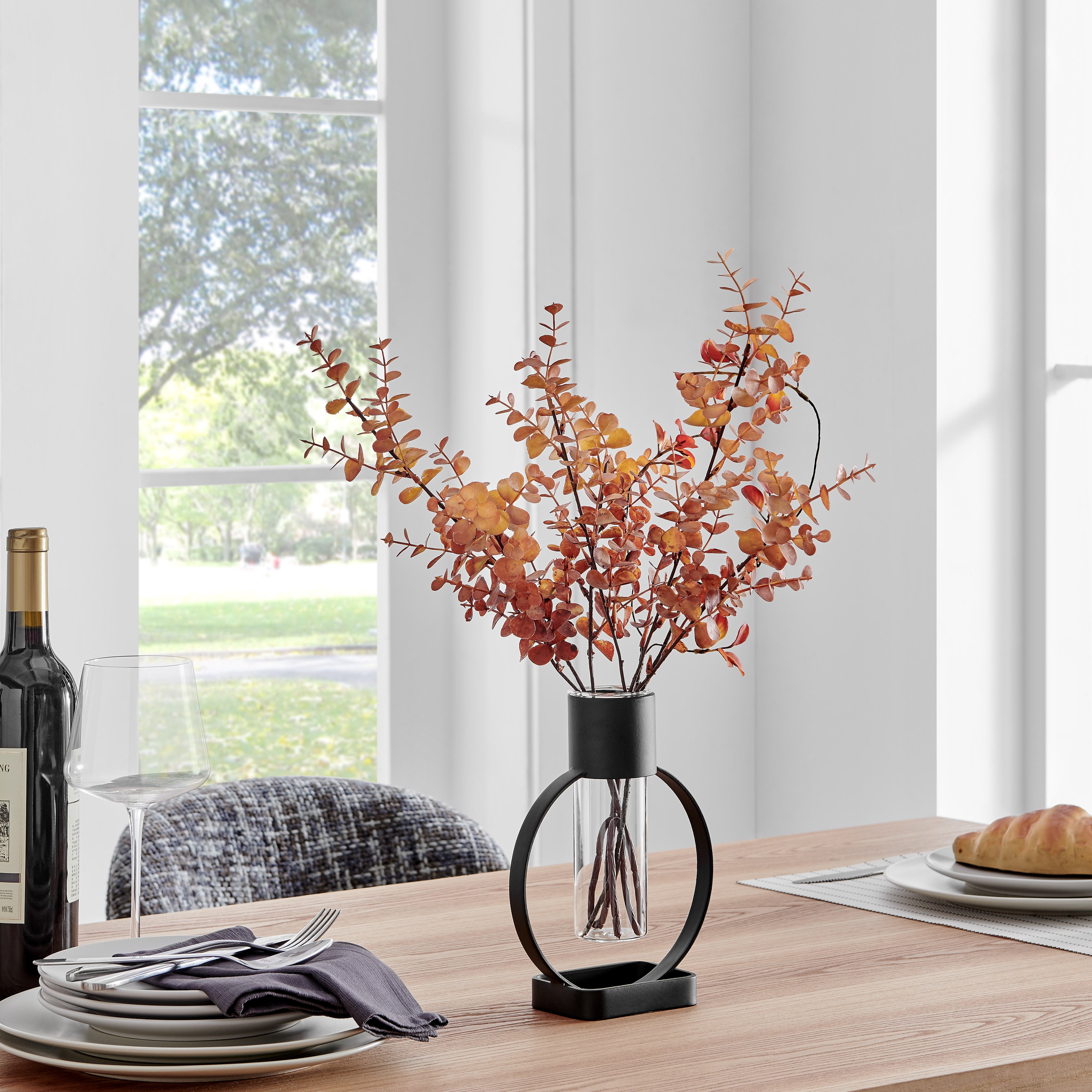 Jacob Modern Black Metal Open Circle Pedestal Clear Glass Tabletop Vase