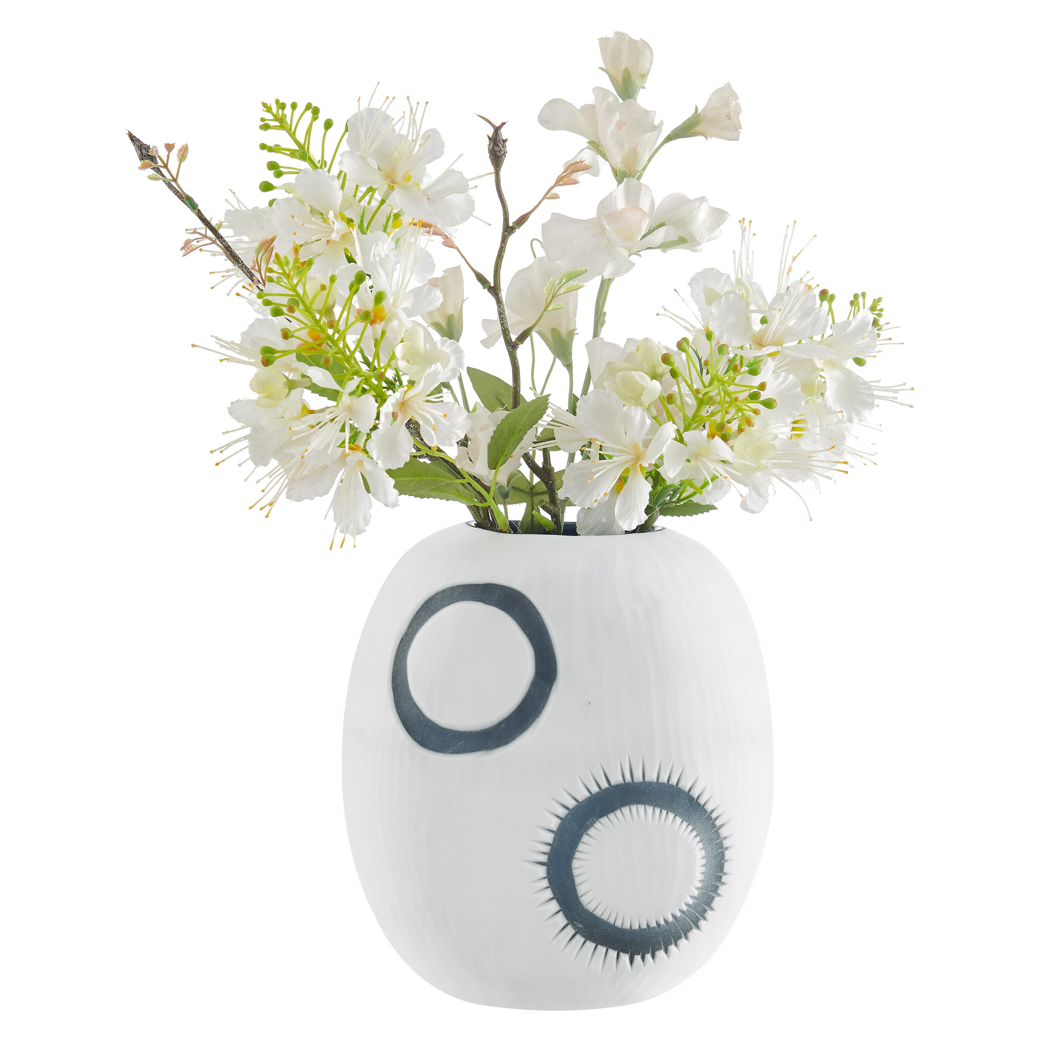 Elara Round Contemporary Matte White and Navy Oval Opening Glass Tabletop Vase