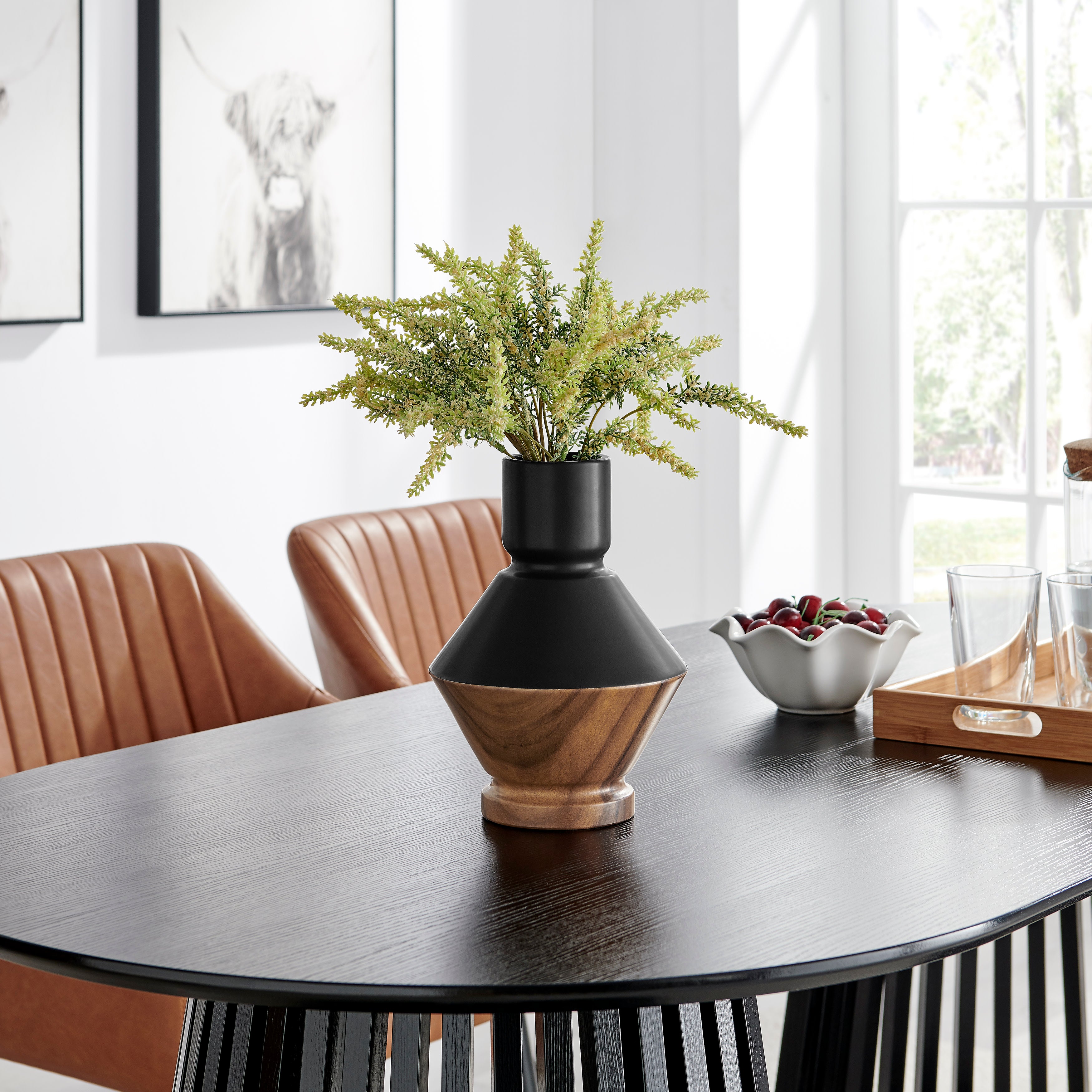 Milo Diamant Revese Hourglass Modern Two Tone Tabletop Vase - Black and Walnut