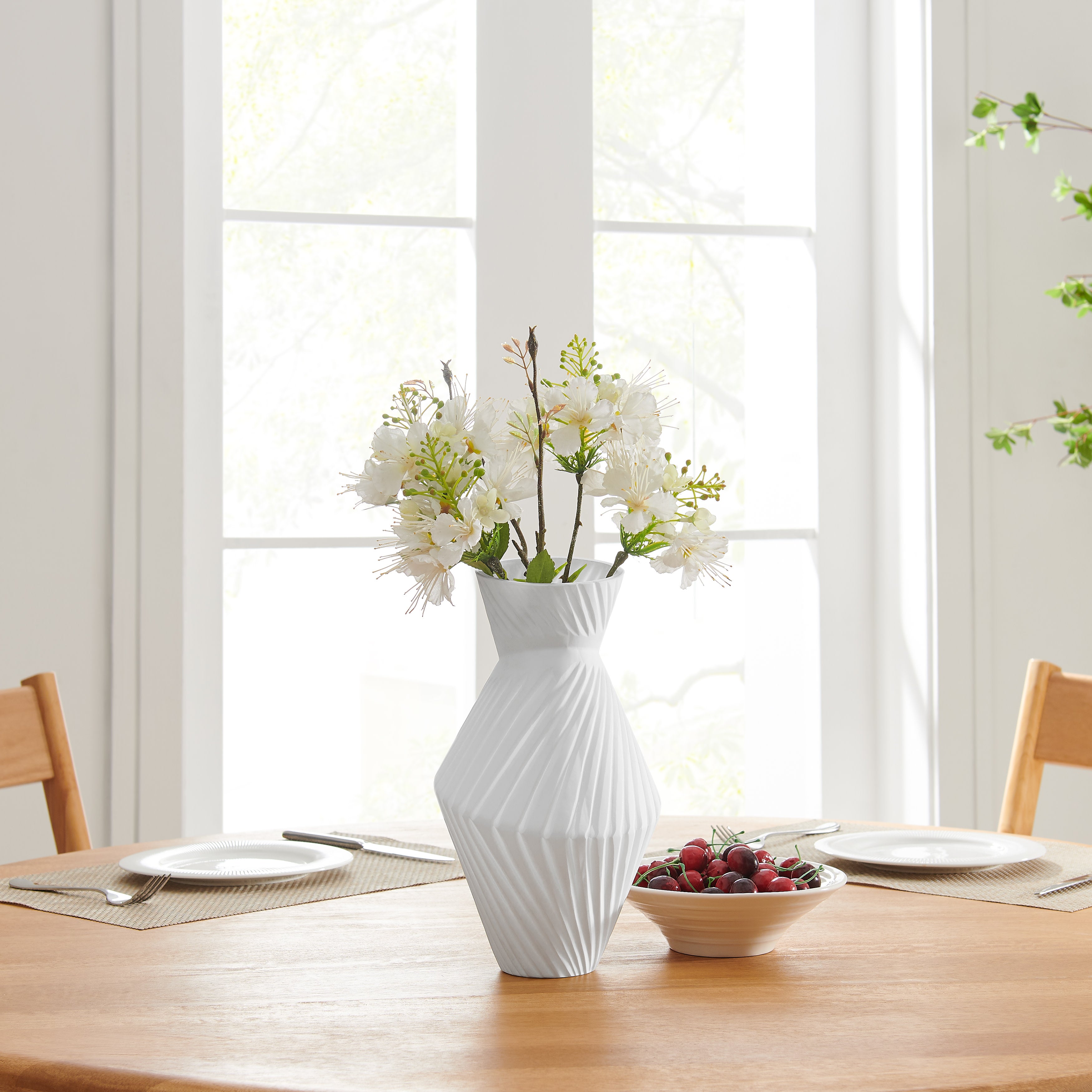 Eos Minimal White Contemporary Ribbed Angular Glass Tabletop Vase