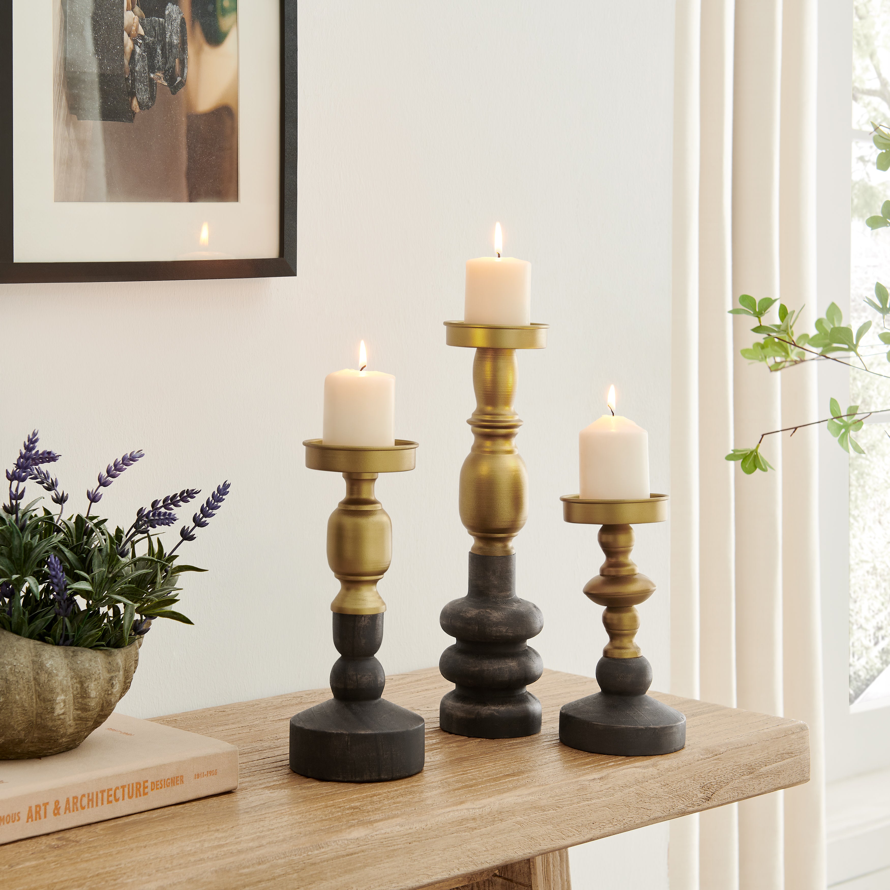 Nara Antique Brass and Vintage Wood Taper Candlestick and Pillar Candle Holders - Set of 3
