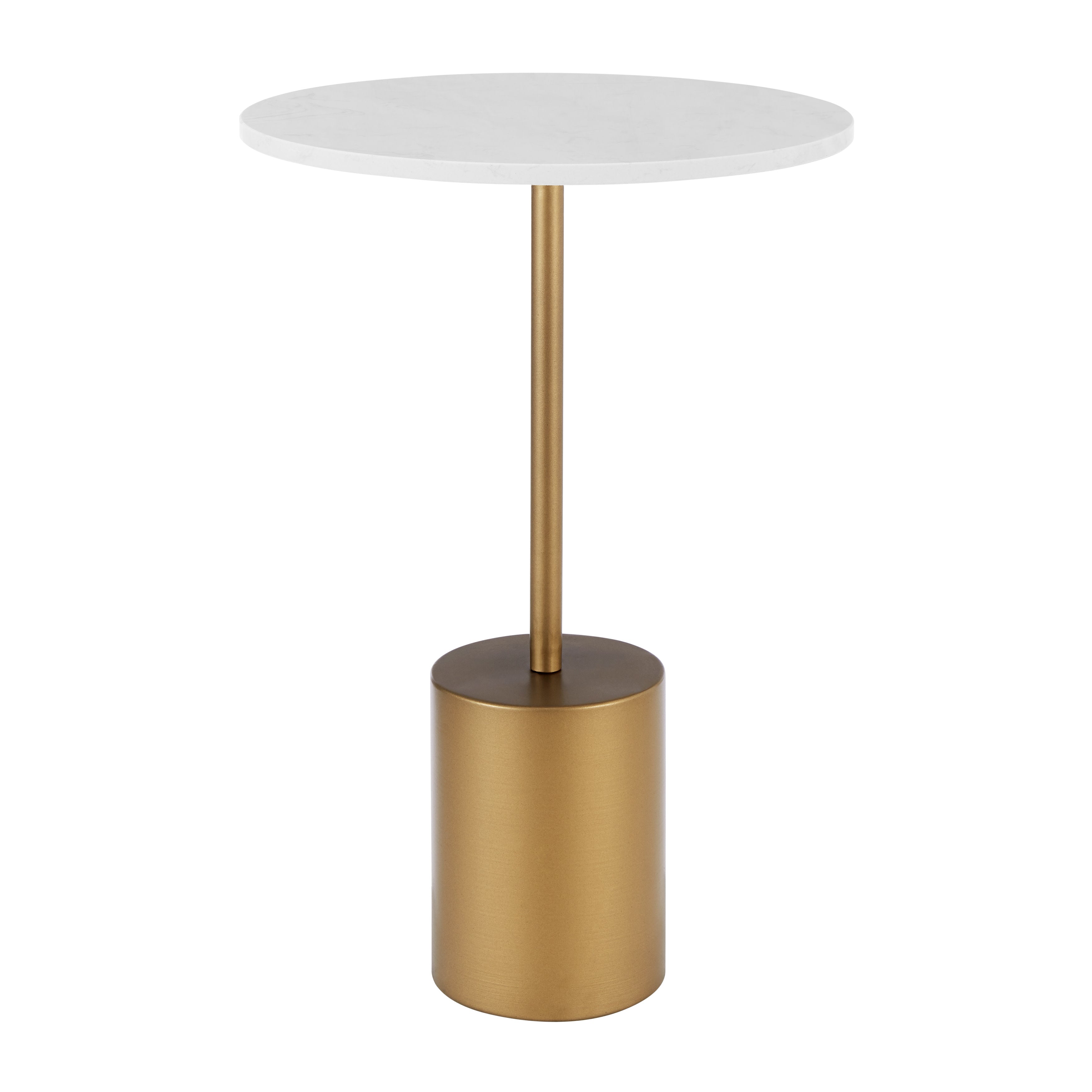 Fritz Midcentury Modern Pedestal Side Accent Table with Gold Metal Base and Genuine White Marble Stone Tabletop