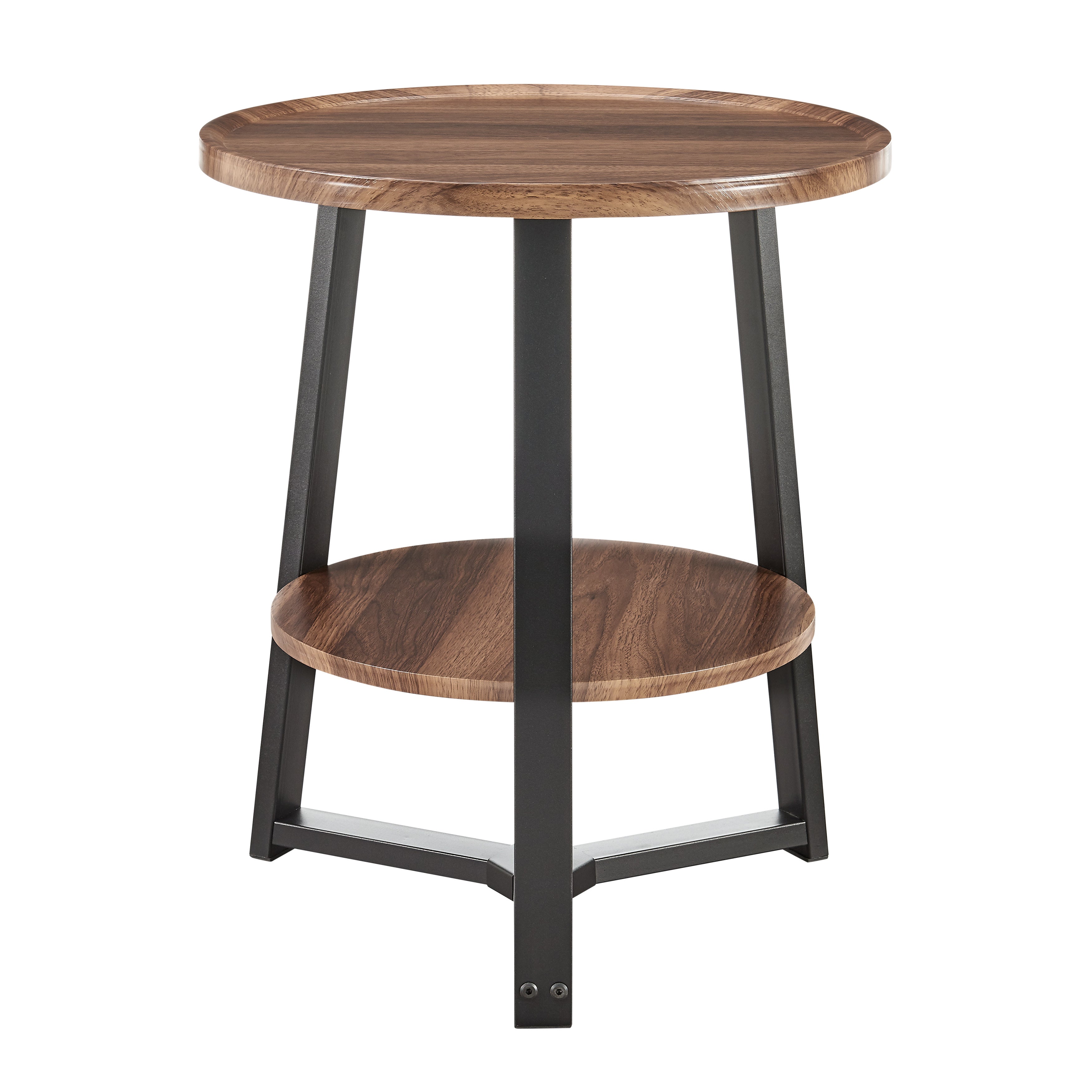 Mason Round 2-Tier Side Accent Table with Raised Lip Edge Tabletop and Mid-century Modern Crossed Metal Bold Pedestal Legs