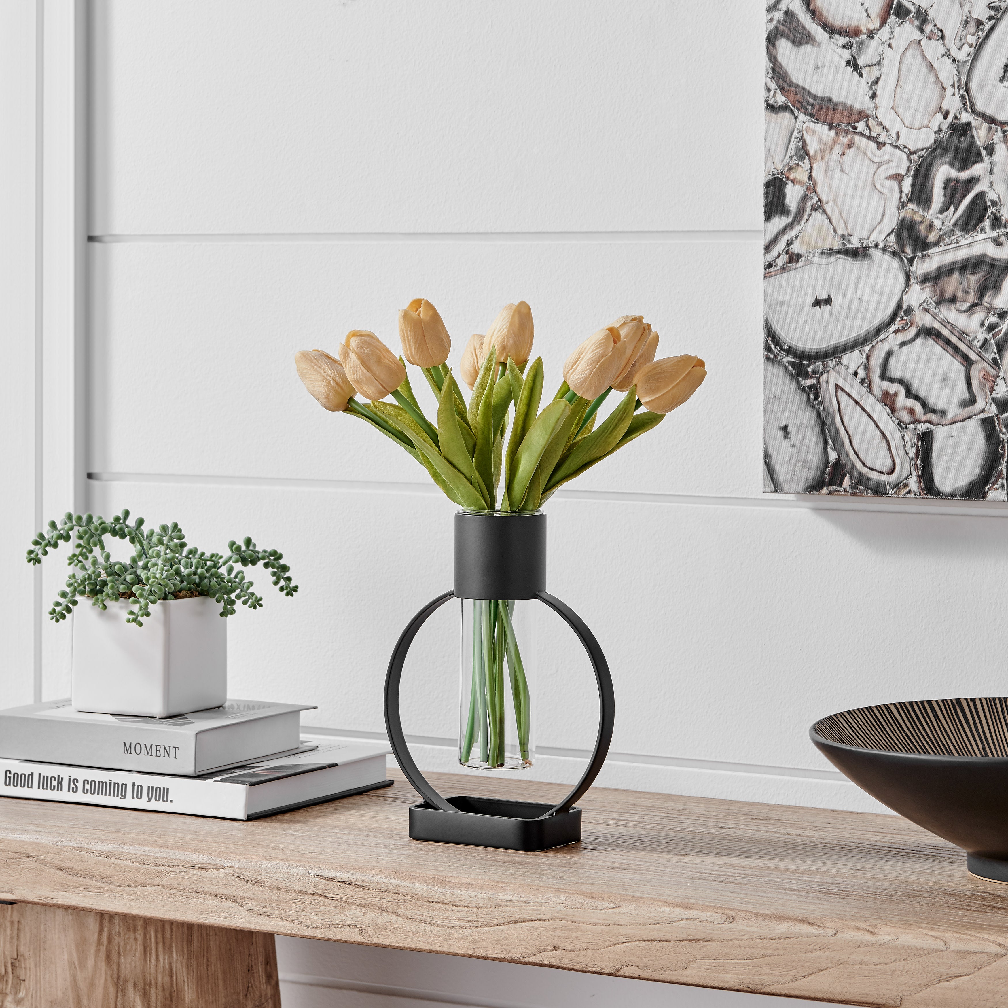 Jacob Modern Black Metal Open Circle Pedestal Clear Glass Tabletop Vase