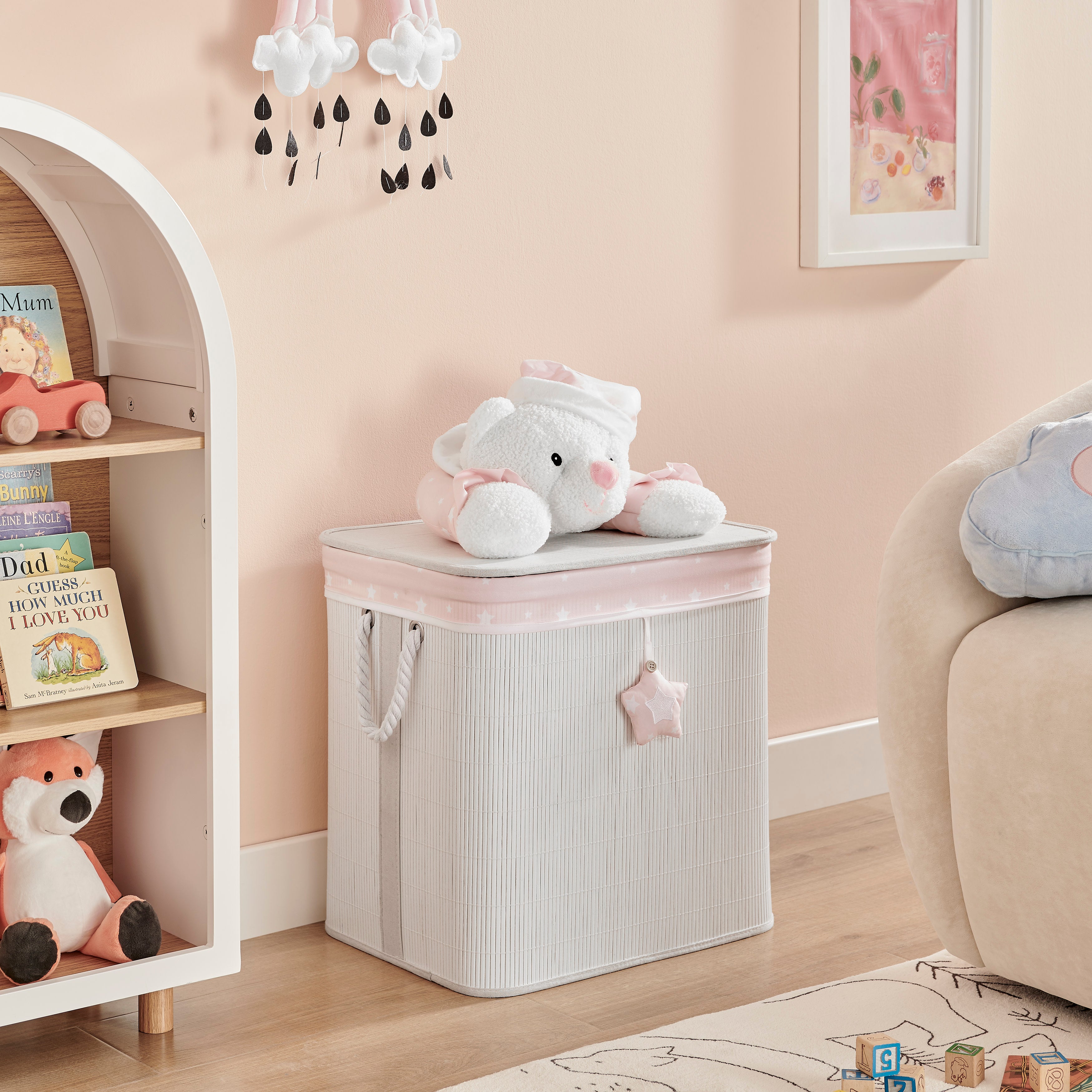 Pink/Cream Collapsible Folding Bamboo Kids Plush Laundry Hamper Toy Storage with Liner and Handles - Sleepy Teddy Bear