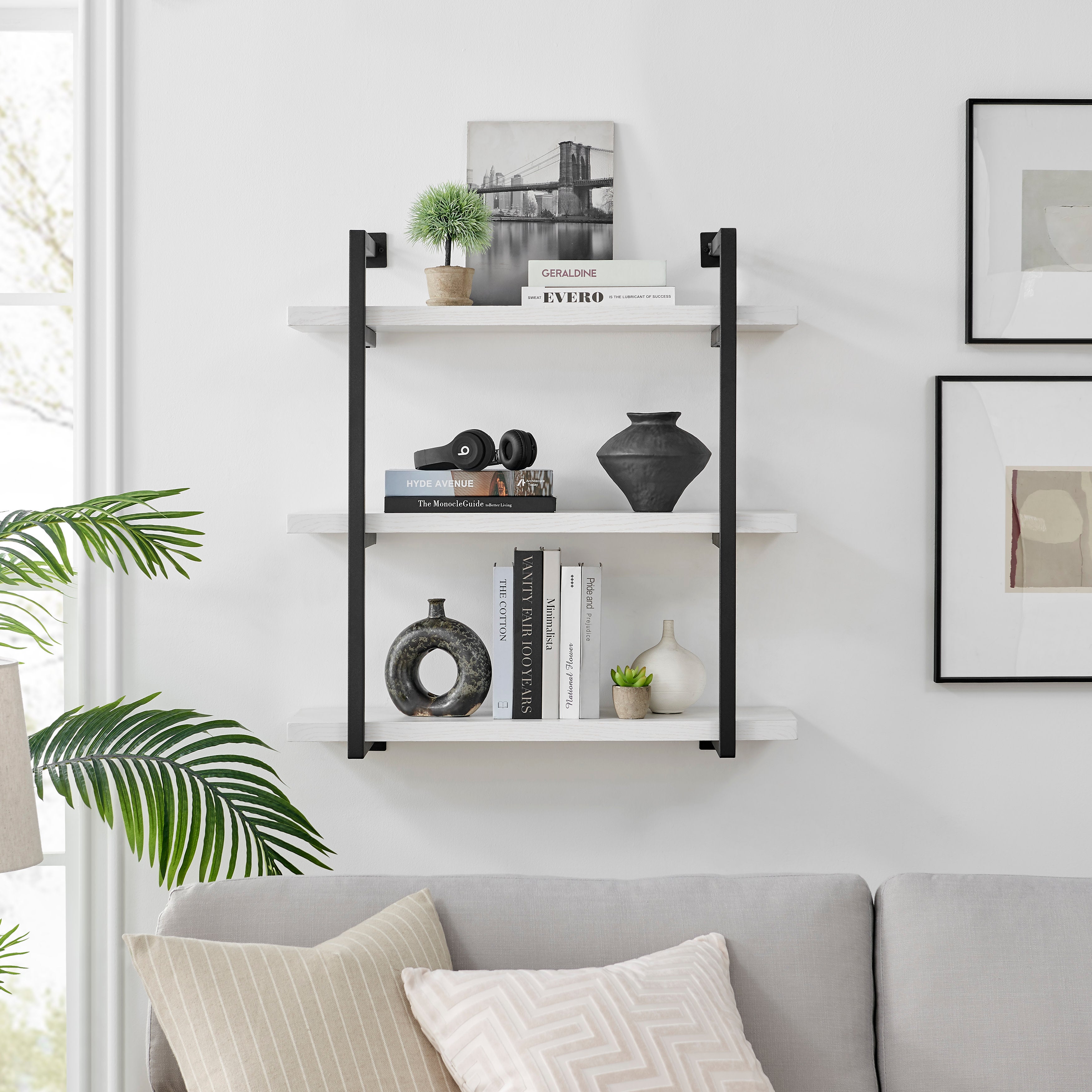 Modern 3-Tier Hanging Bracket Wall Shelves in Black Metal and White Birch Finish