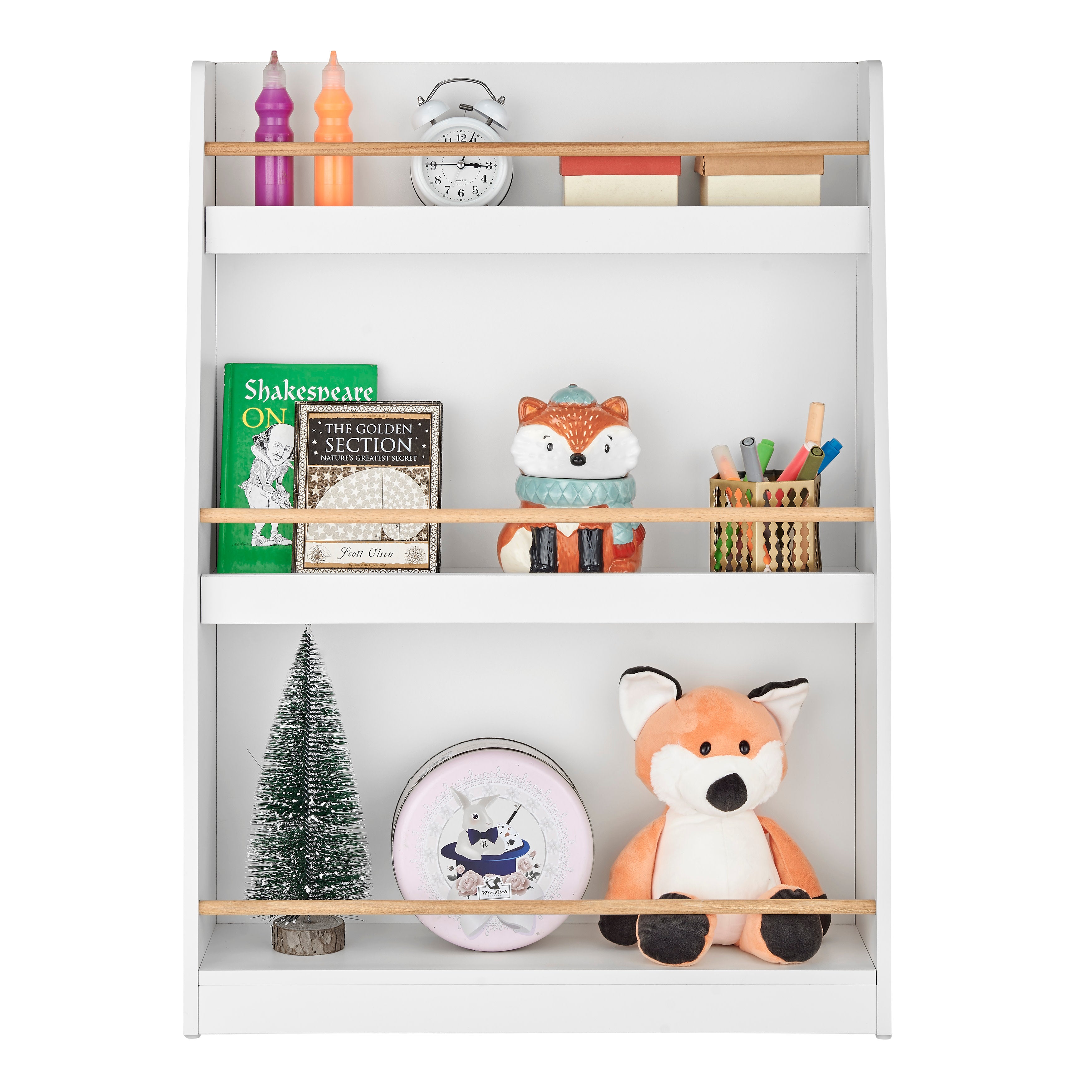 Steiner White 3-Tier Kids Book or Magazine Storage Freestanding Bookcase with Contrasting Wood-Toned Rods