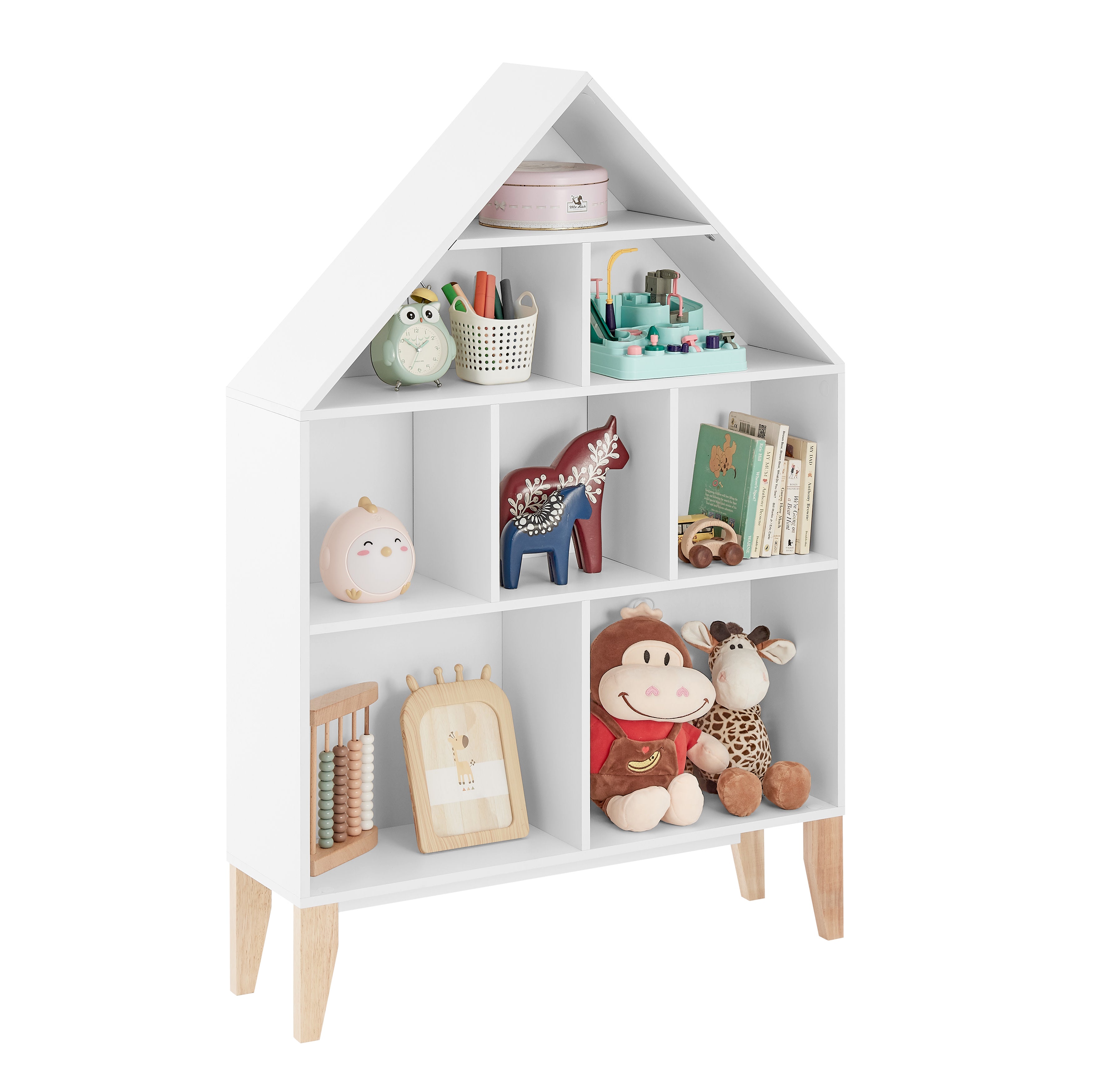 Steiner White Dollhouse 8-Compartment Kids Book or Toy Figure Display Unit Freestanding Bookshelf with Beech Legs
