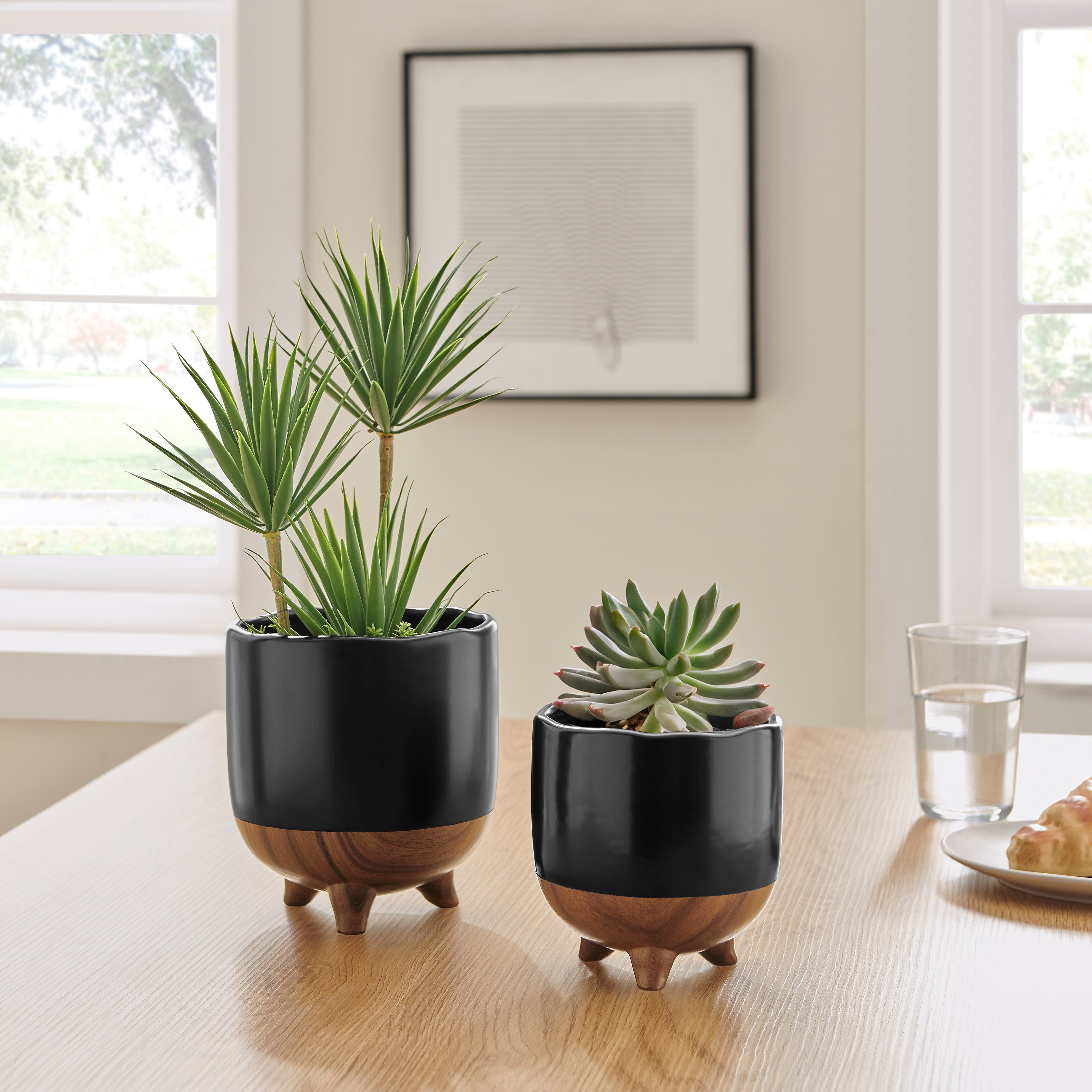 Milo Modern Mortar Two Tone Flower Pot Planter Cachepot Set of 2 Sizes - Black and Walnut