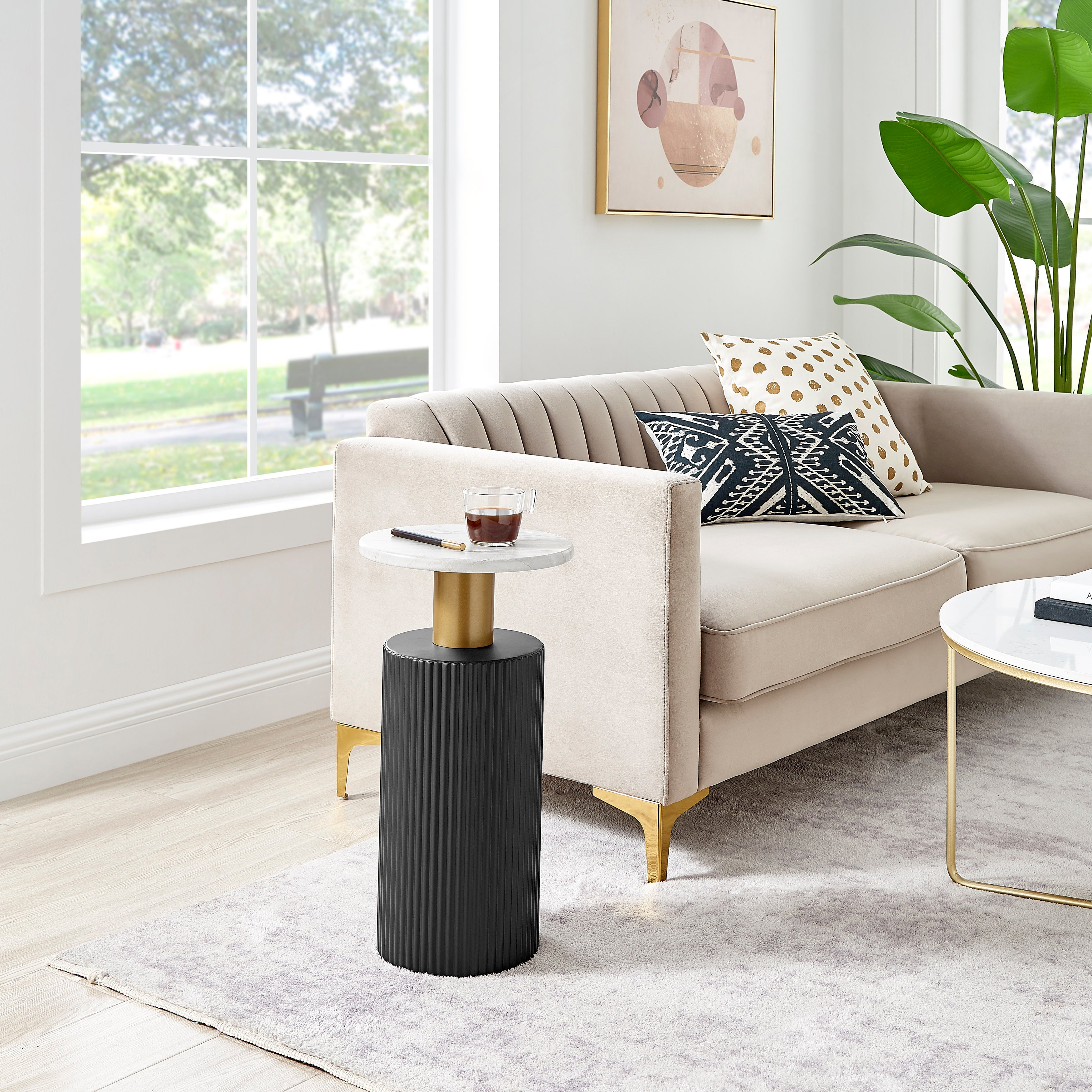Fritz Midcentury Modern Column Side Accent Table with Textured Black Base Gold Metal Column Accents and Faux Marble Laminate Tabletop