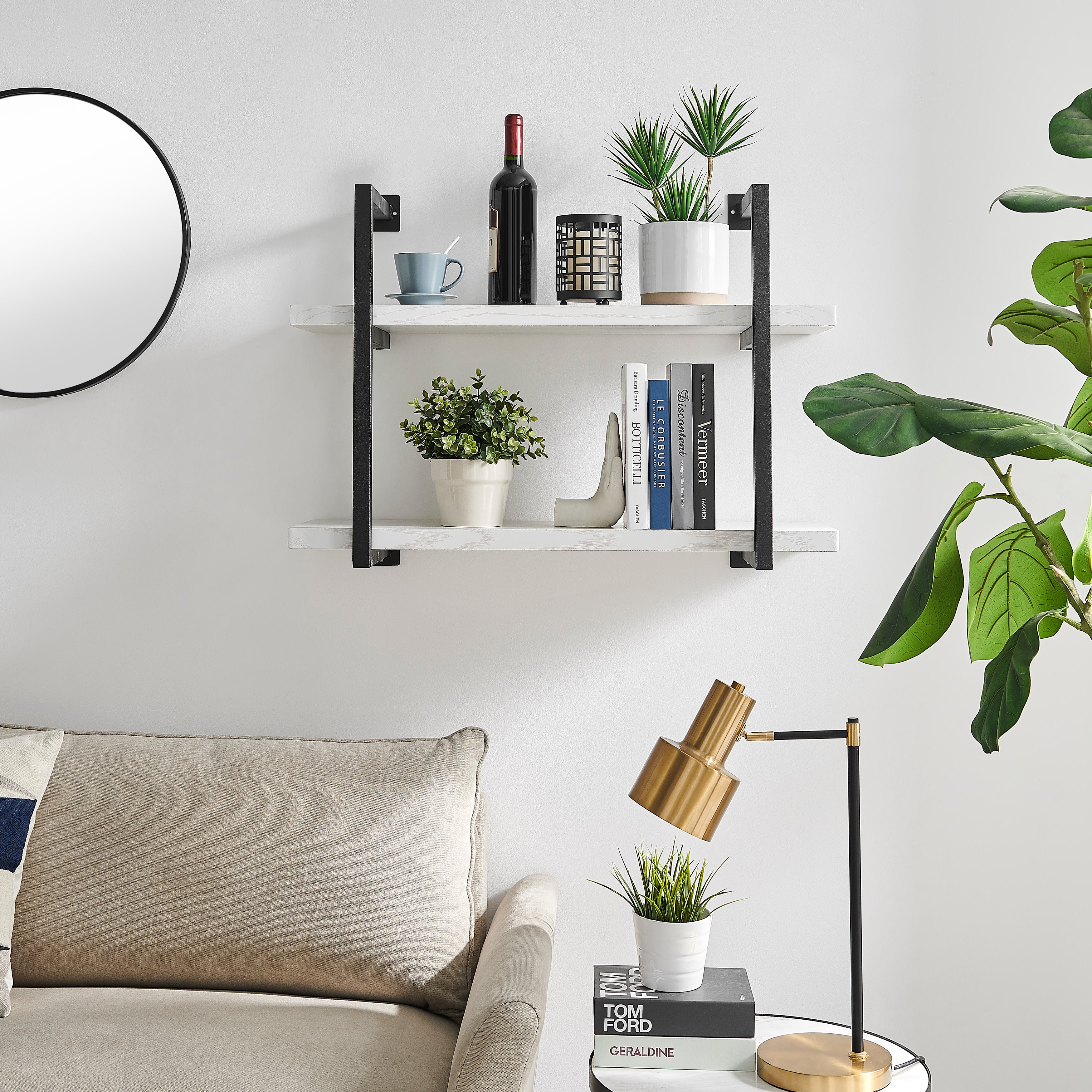 Modern 2-Tier Hanging Bracket Wall Shelves in Black Metal and White Birch Finish