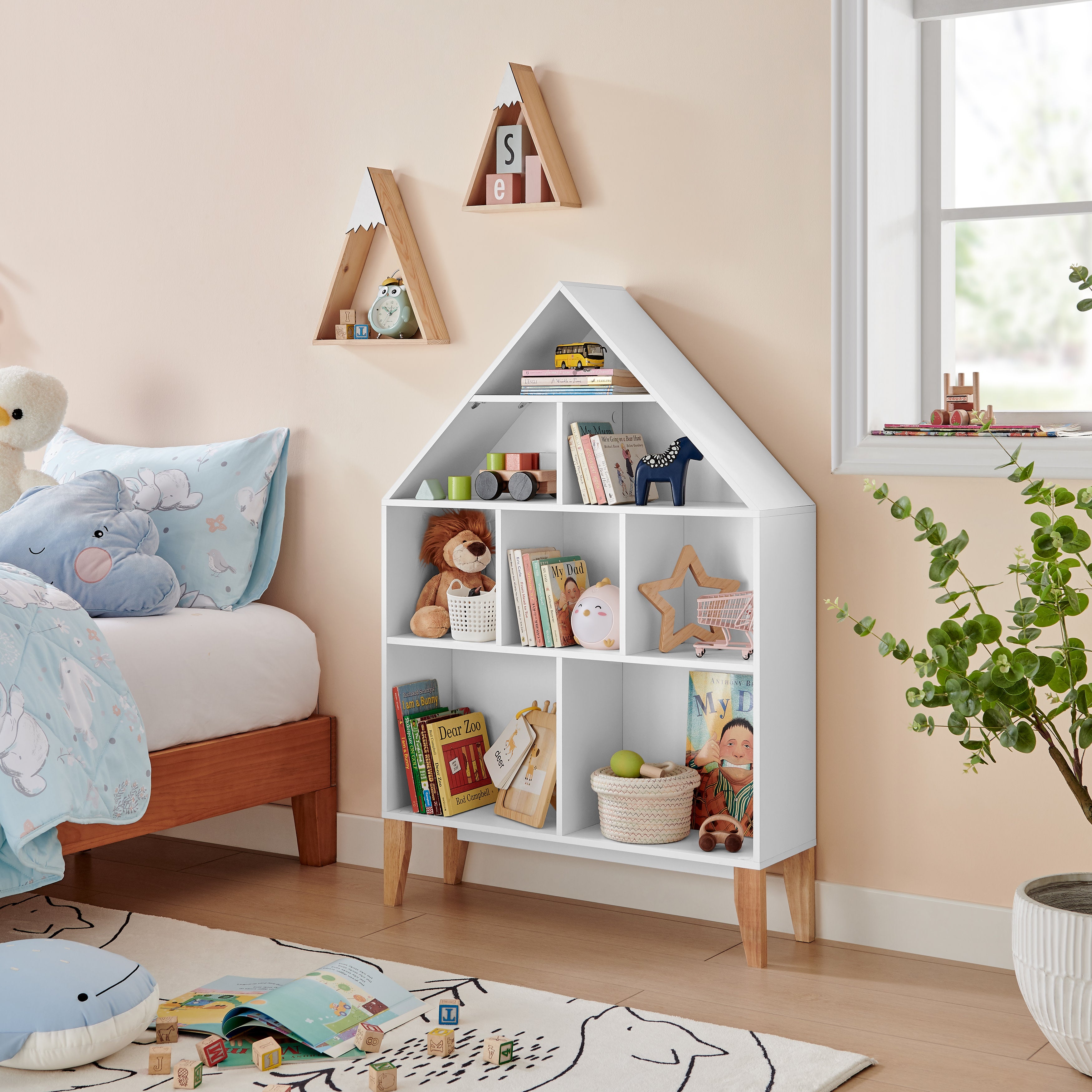 Steiner White Dollhouse 8-Compartment Kids Book or Toy Figure Display Unit Freestanding Bookshelf with Beech Legs