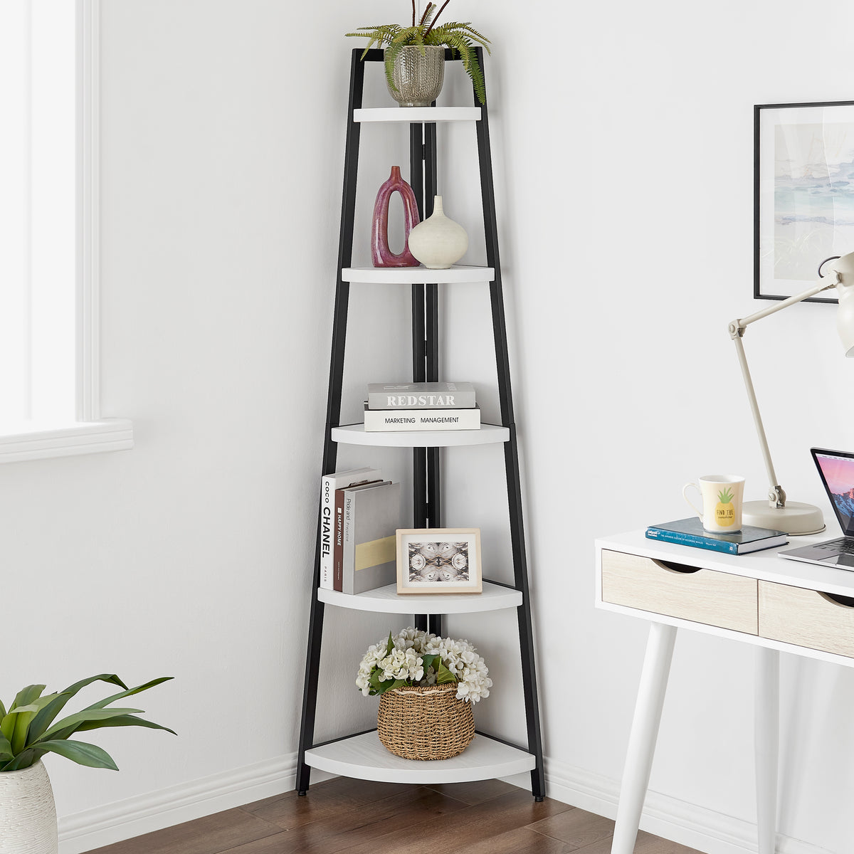 Free-Standing 5-Tier Pyramid Corner Shelf with Metal Frame – Danya B.