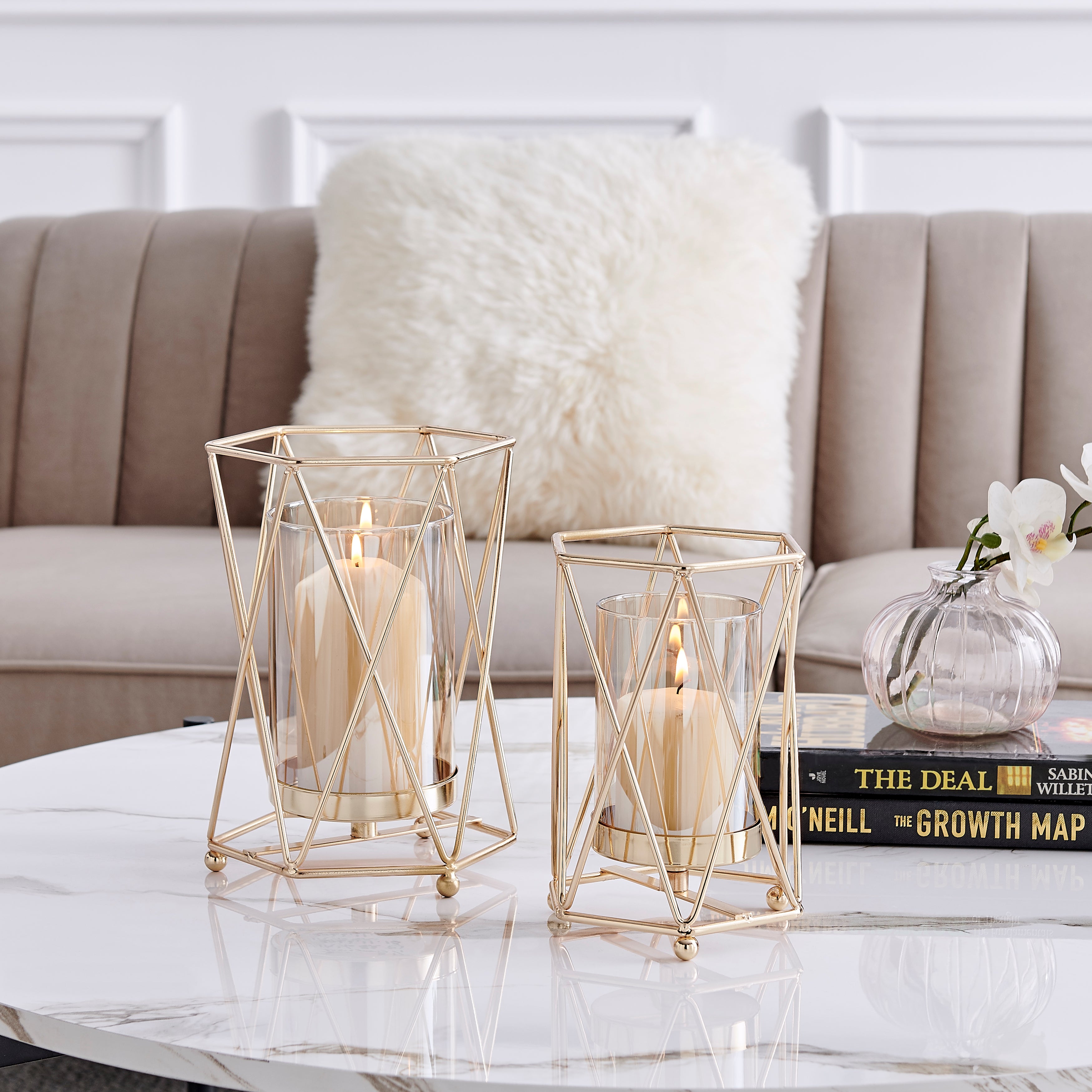 Prism Warm Gold Hurricane Candle Holders - Set of 2