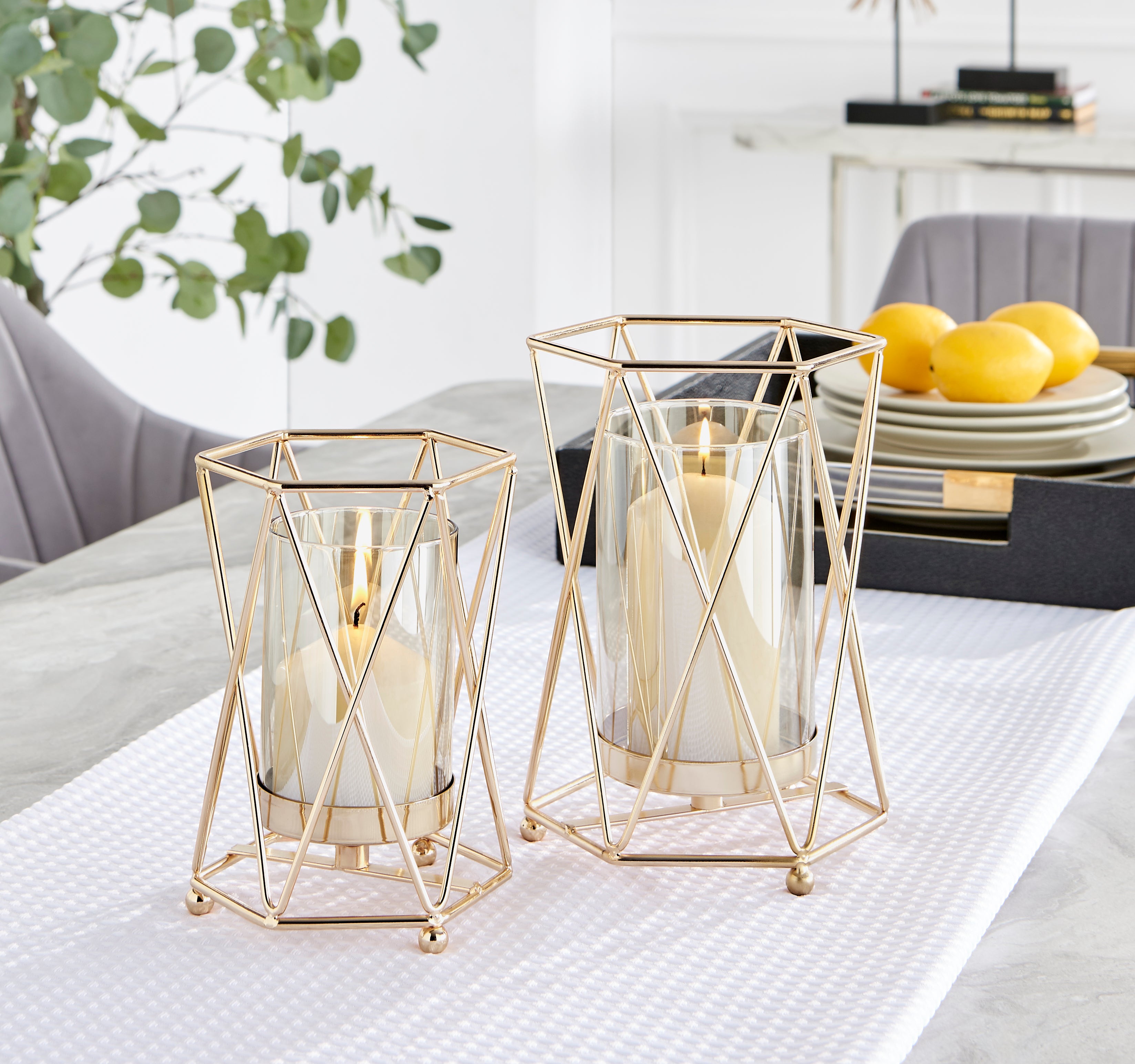 Prism Warm Gold Hurricane Candle Holders - Set of 2