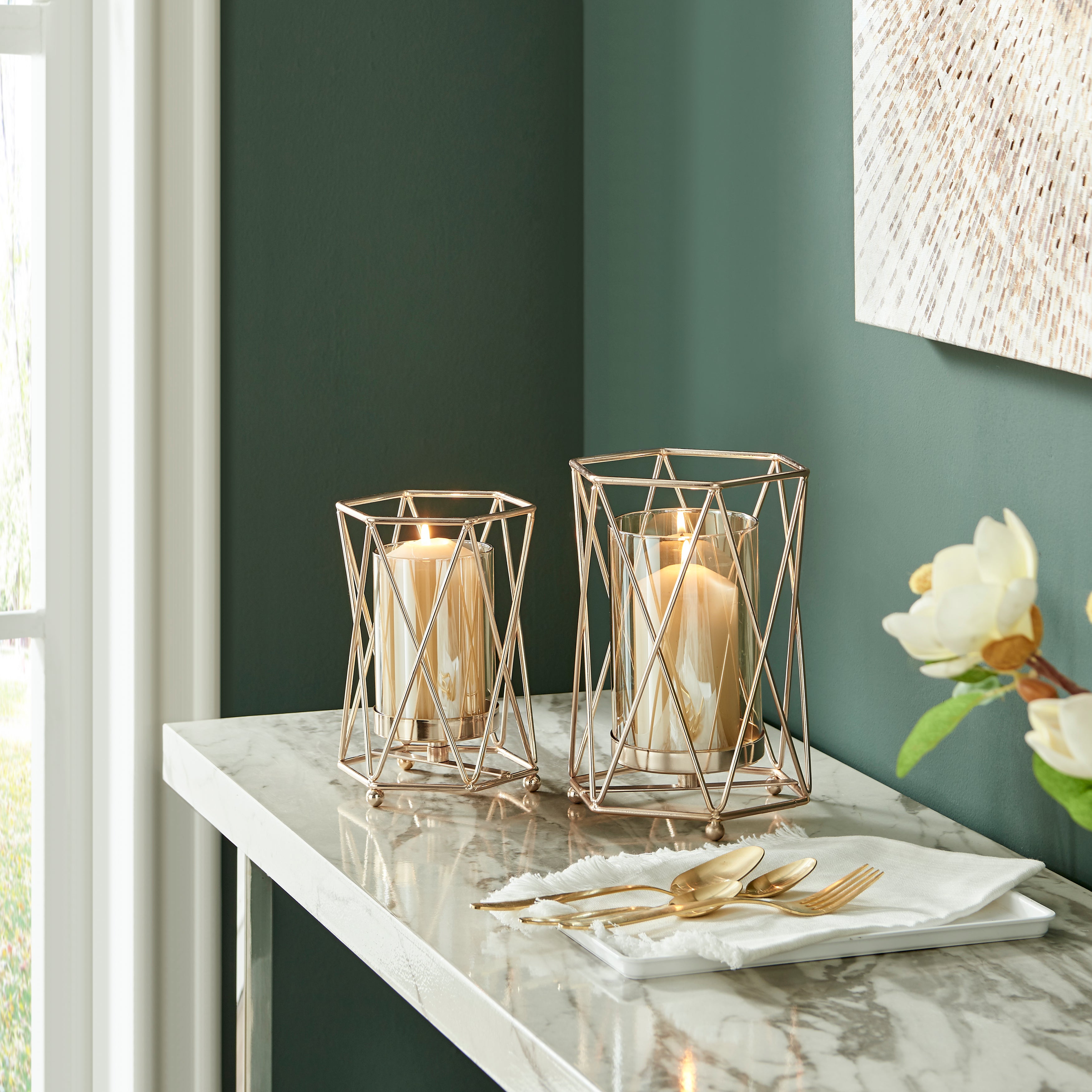 Prism Warm Gold Hurricane Candle Holders - Set of 2