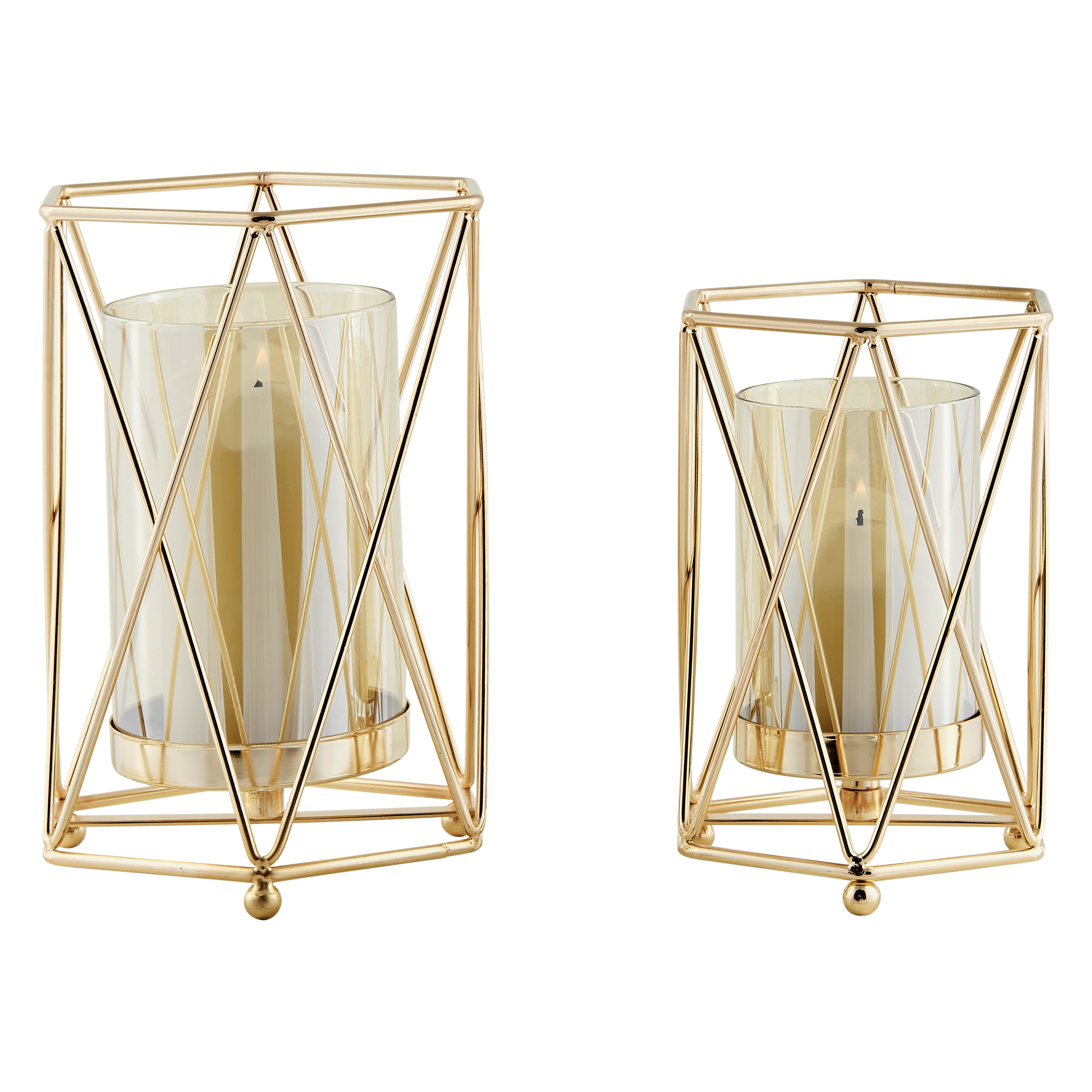 Prism Warm Gold Hurricane Candle Holders - Set of 2