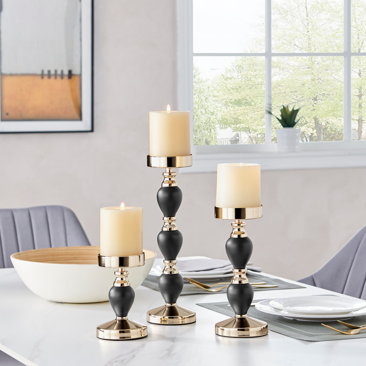 Talia Black and Gold Candlestick Taper Candle Holders Set of 3 Danya B.