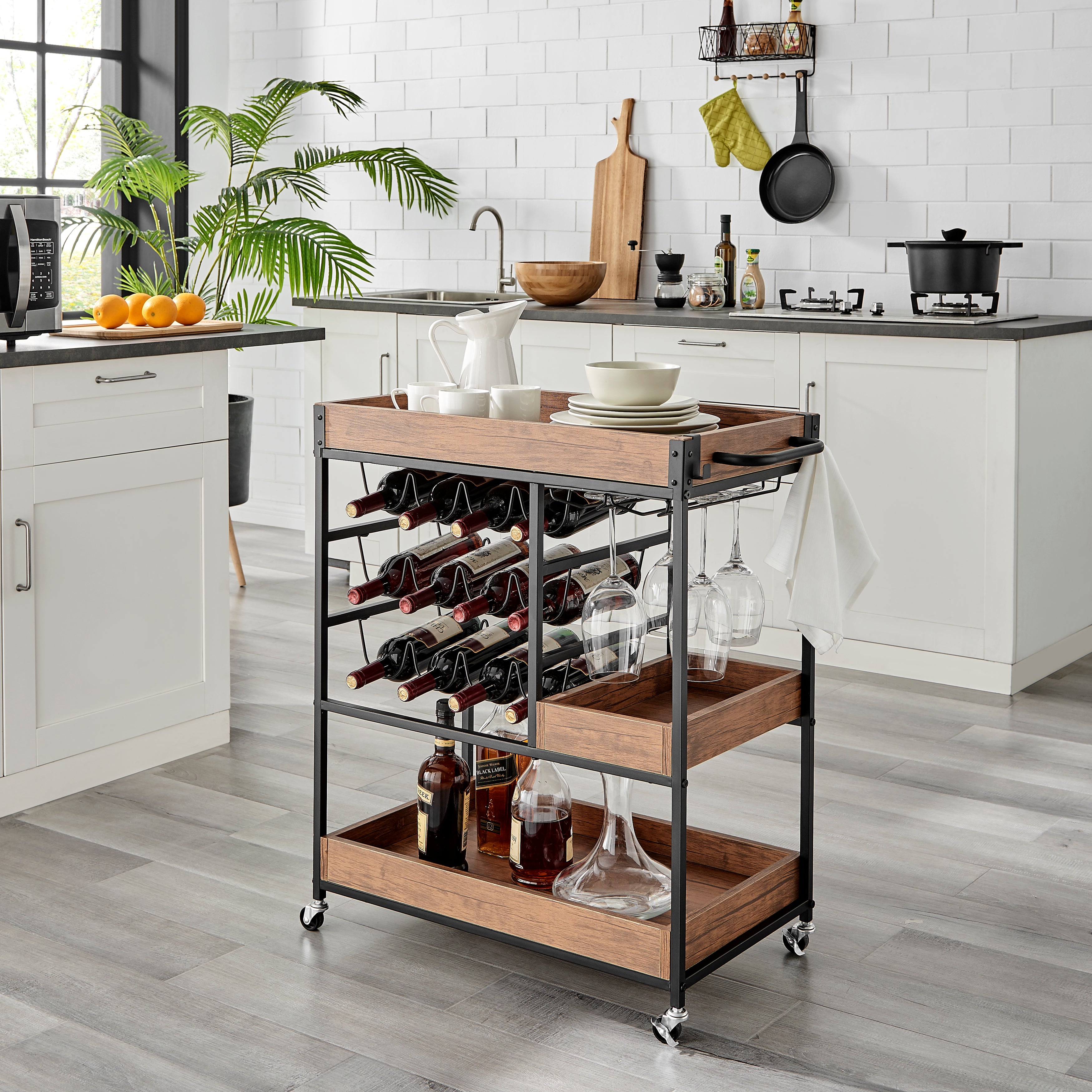 Rustic Walnut Veneer and Metal Rolling Farmhouse Wine Bar Cart with Wine Bottle and Glass Rack
