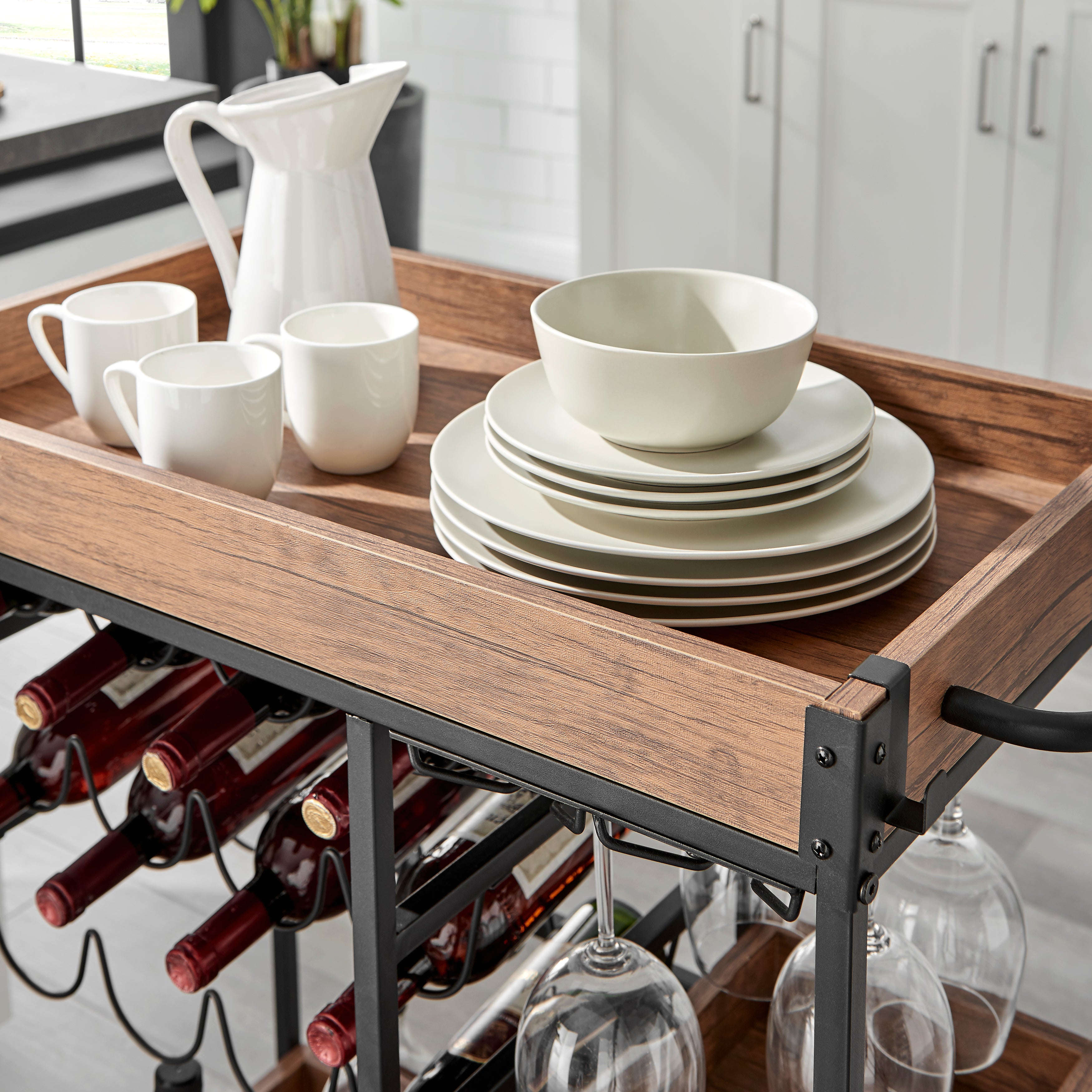 Rustic Walnut Veneer and Metal Rolling Farmhouse Wine Bar Cart with Wine Bottle and Glass Rack
